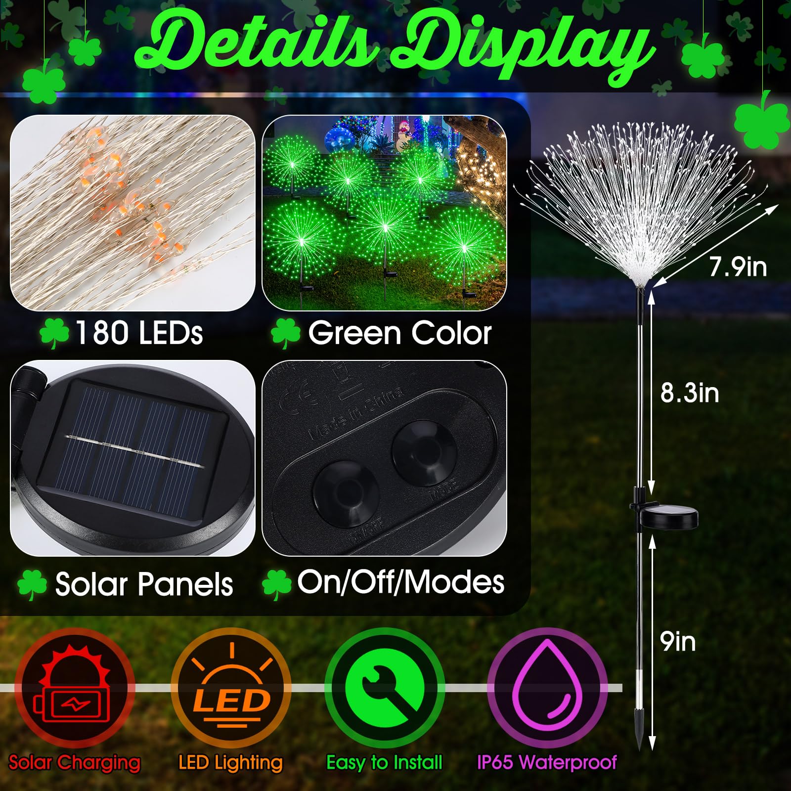 Tujoe 6 Pcs Green Solar Firework Stake Lights 180 Led 8 Modes Waterproof Led Sparkler Lights Outdoor Decoration For Garden Patio Yard Pathway Walkway Lawn Easter Halloween Christmas Wedding Party