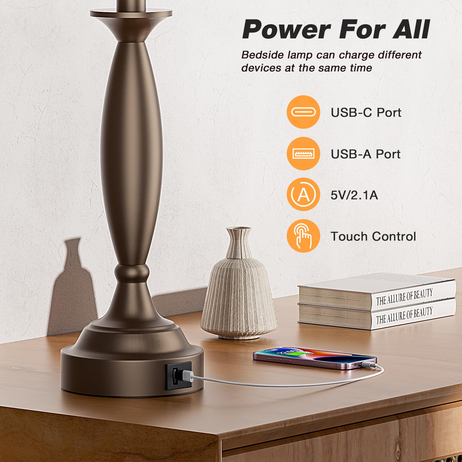 Seealle White Brown Lamps For Bedrooms Set Of 2 - Touch Control Bedside Lamp With Usb C+A, 3 Way Dimmable Nightstand Lamps With Usb Port, Table Lamp For Living Room(White Shade And Brown Base)