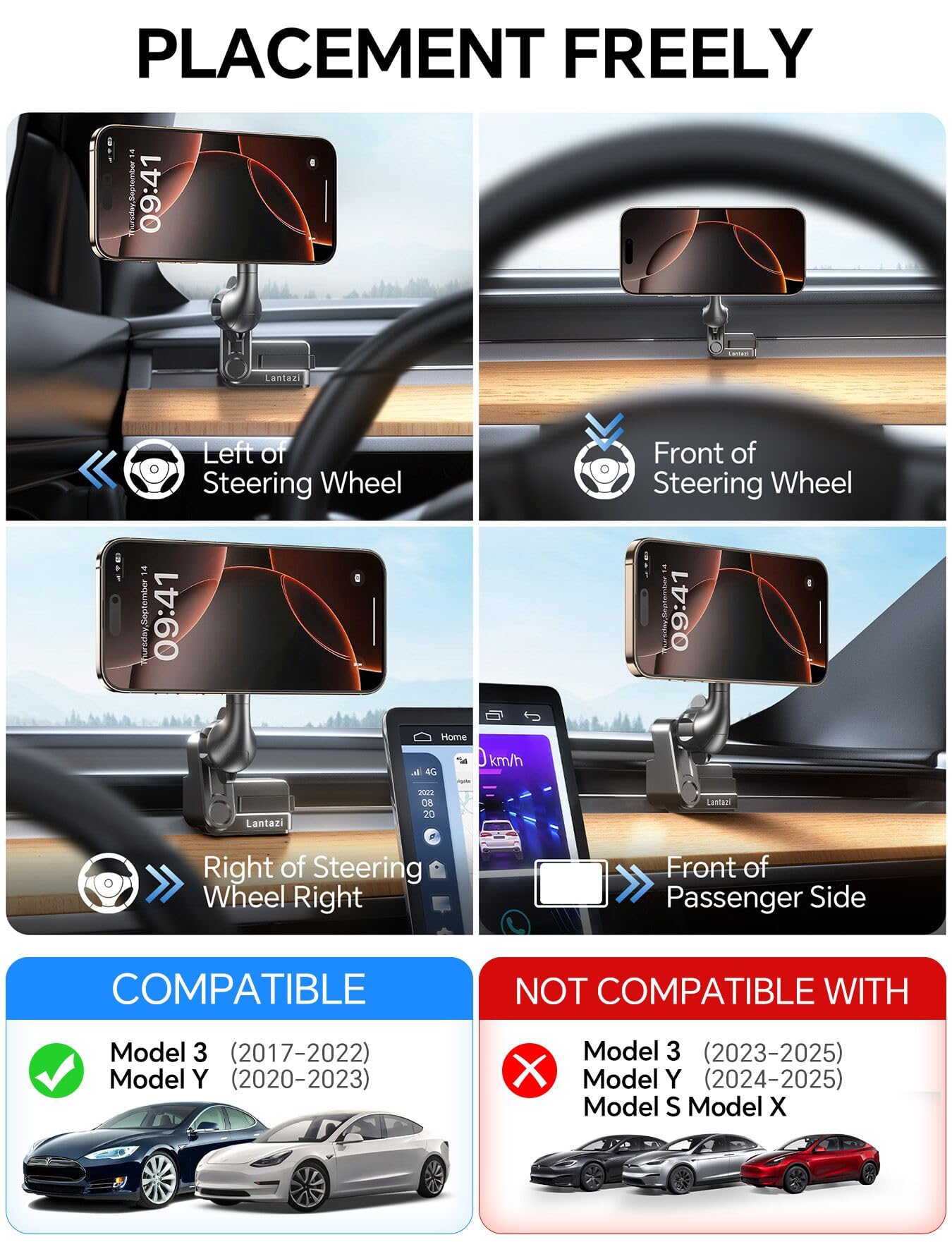 Lantazi For Tesla Phone Mount【Strong Magnets】For Magsafe Car Mount For Tesla Model 3 Y Phone Holder, Tesla Model Y Accessories Fits Iphone 16 15 Pro Max Plus [Only Fit For 2017- Model 3,2020- Model Y]