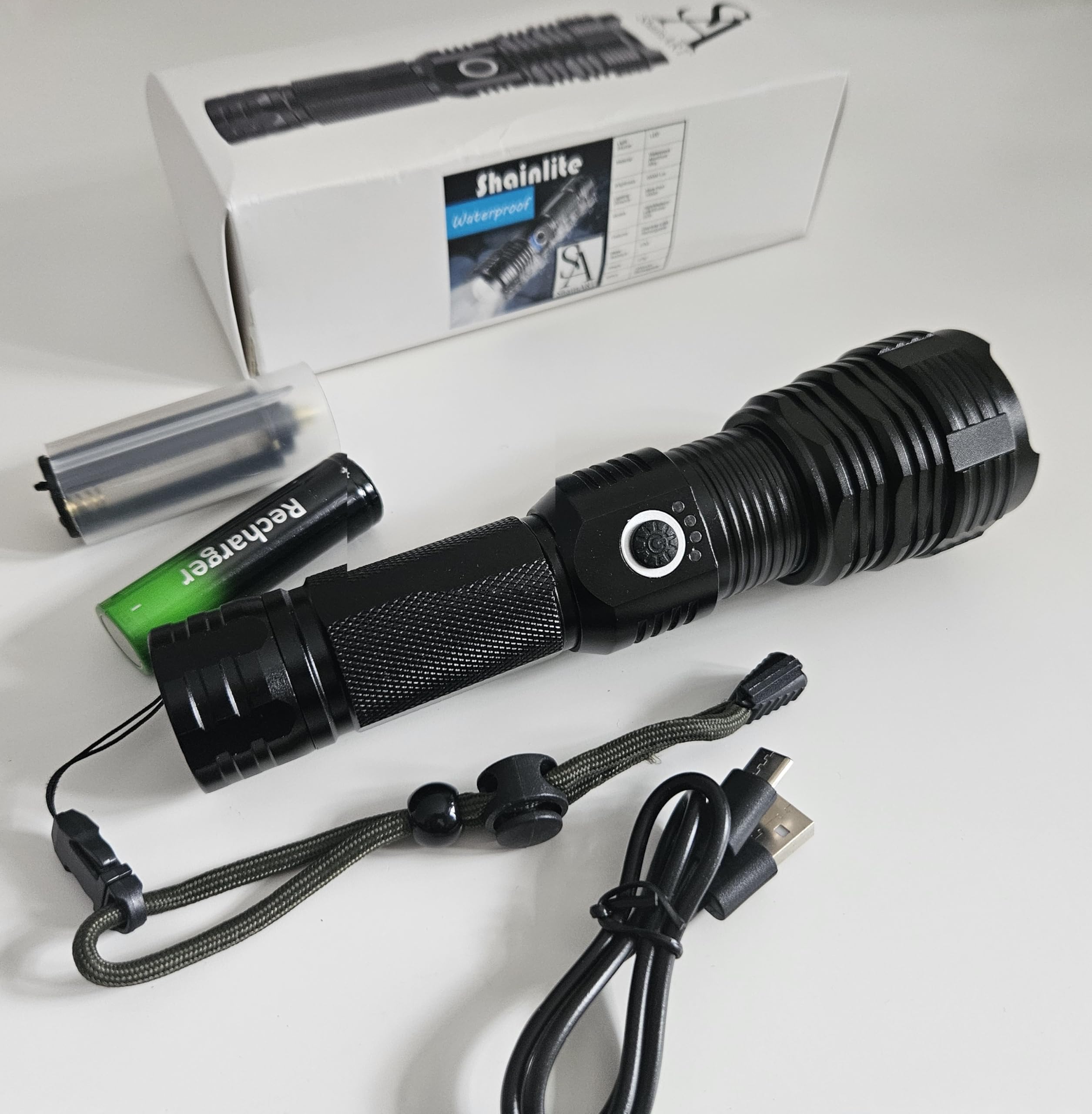 Shainart Rechargeable Utility Bright Flashlights,Super Bright High Power 990000Lm,5 Modes, Waterproof,Handheld Impact Resistant, Usb/Usb-C Cable Rechargeable Battery Included, Extra Aaa Battery Case