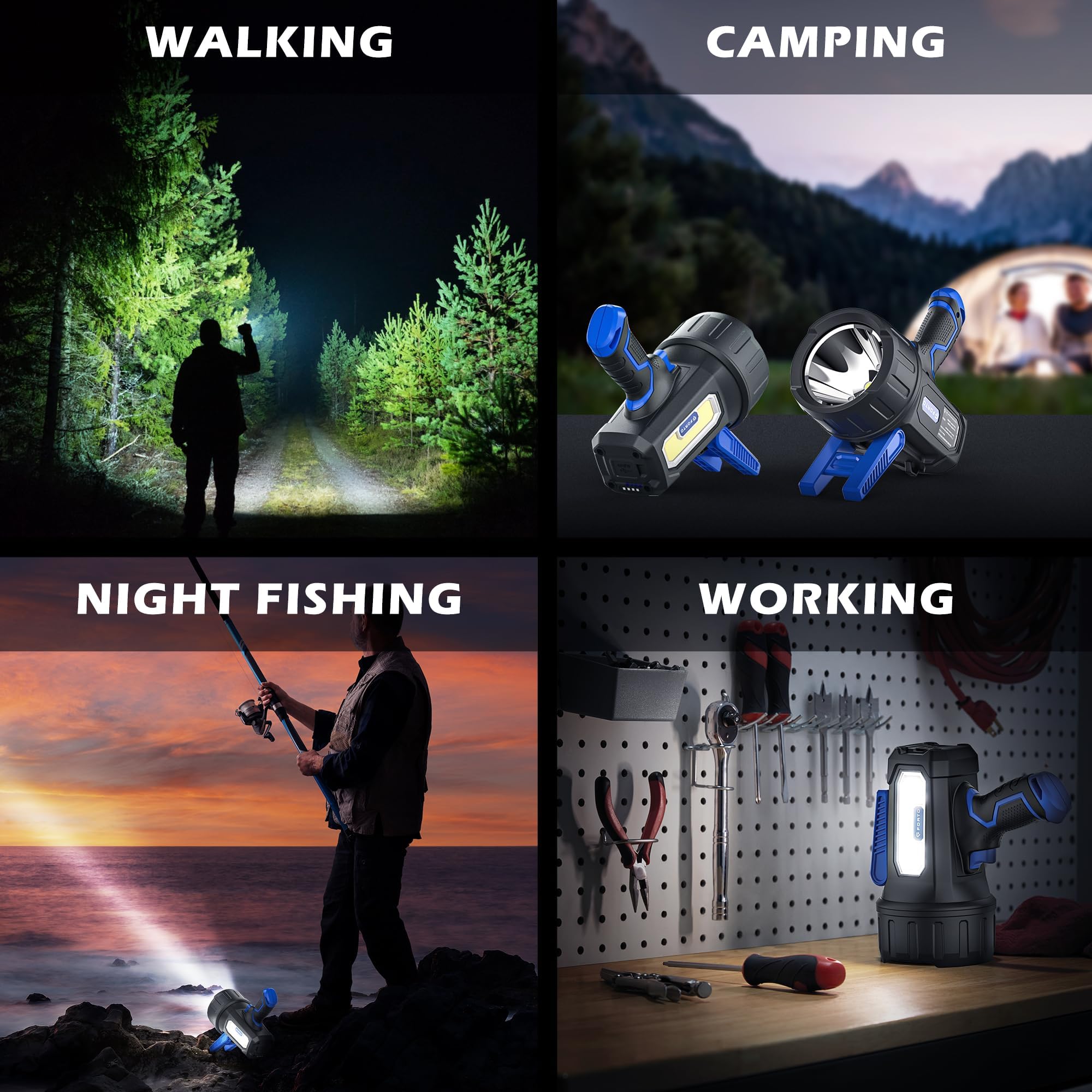 Forto Rechargeable Spotlight Flashlight With 2000 Lumens, Handheld Spotlight With Foldable Stand, 6 Light Modes Ipx7 Waterproof Led Spot Lights Outdoor For Boating Hunting Hiking(Blue)