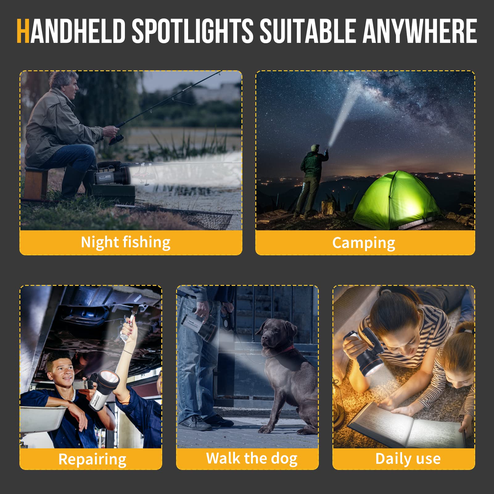 Vanvale Rechargeable Searchlight Handheld Led Utility Flashlight With Handle Spotlight 6000 Lumens High-Power Super Bright Torch With Usb Output Torch (Silver)
