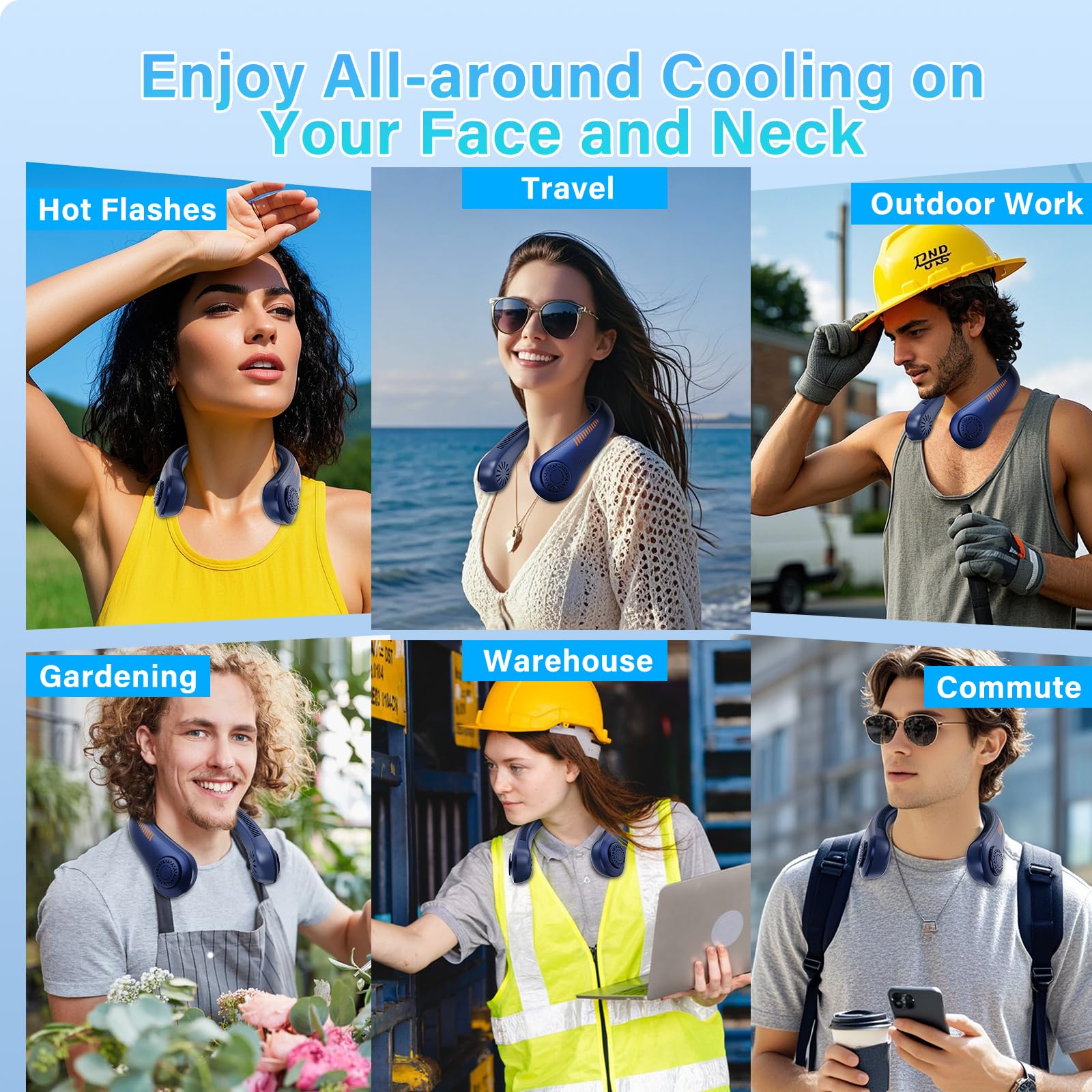Portable Neck Fan - Rechargeable Personal Fan With Neck Brace, 5 Speeds, All-Around Cooling