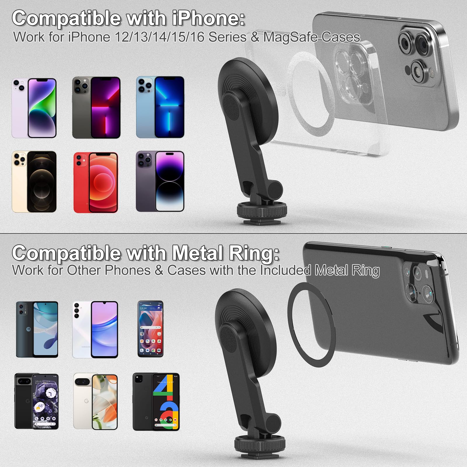 Minifocus Magnetic Tripod Phone Mount Adapter With Cold Shoe, Compatible With Magsafe For Iphone 16/15/14/13/12 Series, Magnet Phone Holder For Camera, Tripod, Ring Light, Selfie Stick