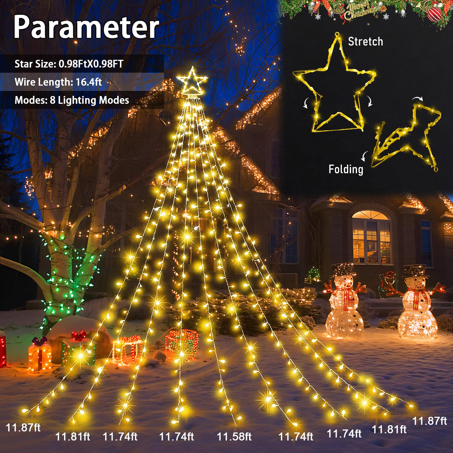 Xurisen Outdoor Christmas Decorations Star Light,11.8 Ft 337 Led Waterfall Tree Lights With Topper Star String Lights Plug In, 8 Modes Christmas Lights For Party Home Holiday Decor(Warm White)