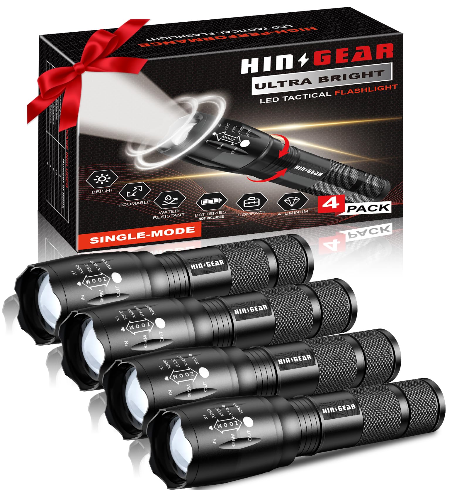 Hinsgear 1 Mode Flashlights 4 Pack, Super Bright Zoomable Led Utility Flashlight High Lumens, Water Resistant Portable Pocket Flash Light For Emergency, Camping, Home, And  - Sl2000