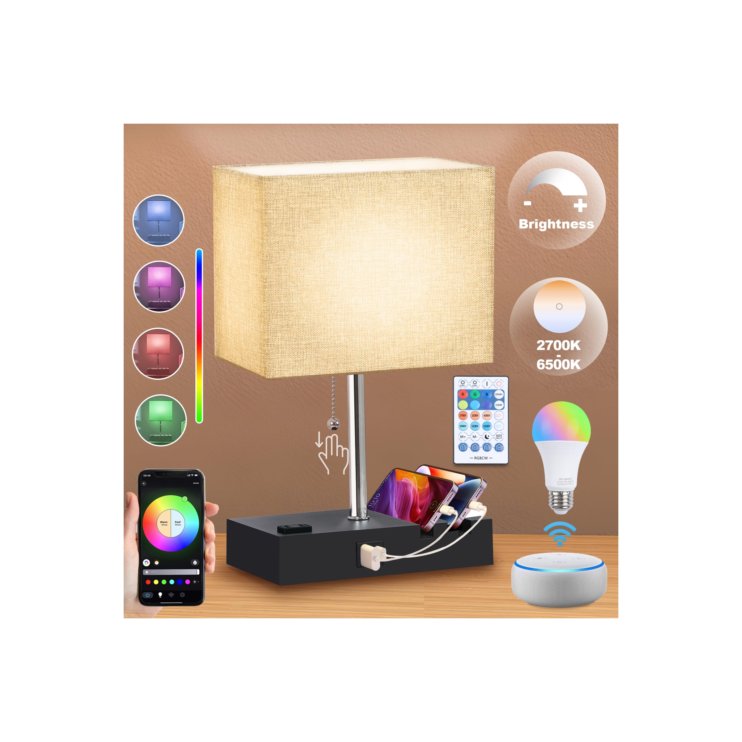 Newreach Rgb Smart Table Lamp With Remote Control - Alexa Lamp For Bedroom With Voice & App Control & Music Sync, Dimmable Nightstand Lamp With Charging Station For Living Room, Alexa Bulb Included