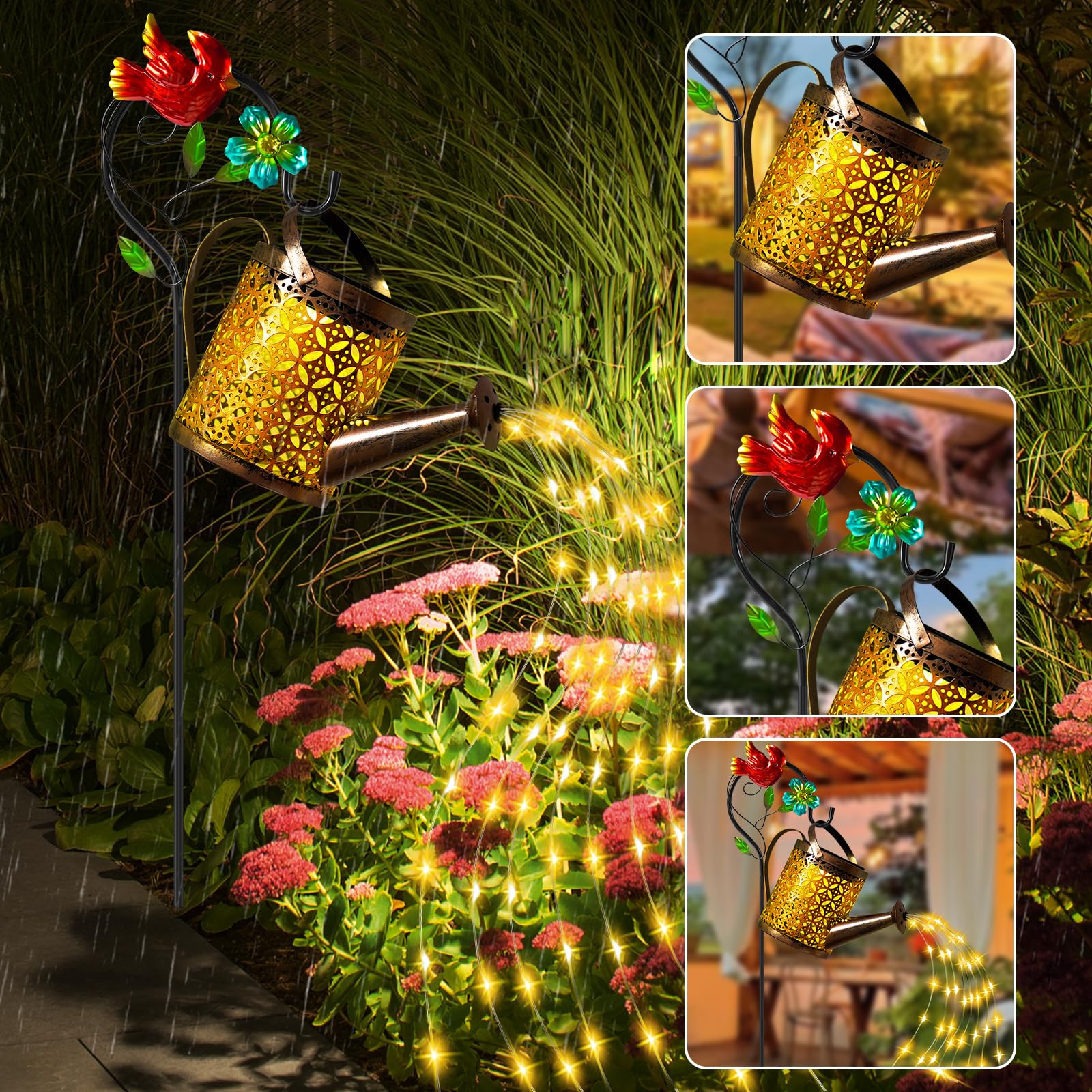 Ostritec Solar Metal Watering Can With Cardinal Shepherd Hook And Cascading Lights - Outdoor Solar Lantern For Garden, Yard, Patio Decor And Gardening  For Women Mother'S Day