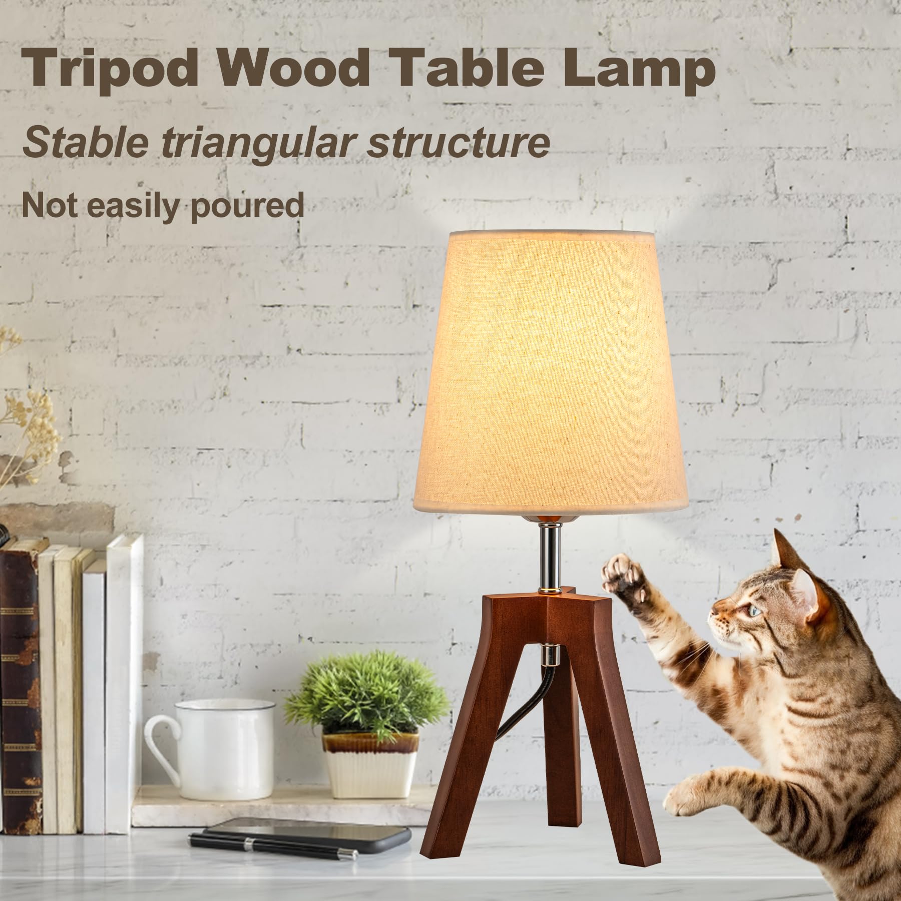 Dreamholder Wood Bedside Table Lamp, Tripod Desk Lamp With On-Off Switch, Nightstand Lamp With Fabric Shade For Reading, Bedroom, Living Room, Office, Walnut Base With Linen Shade(Without Bulb)