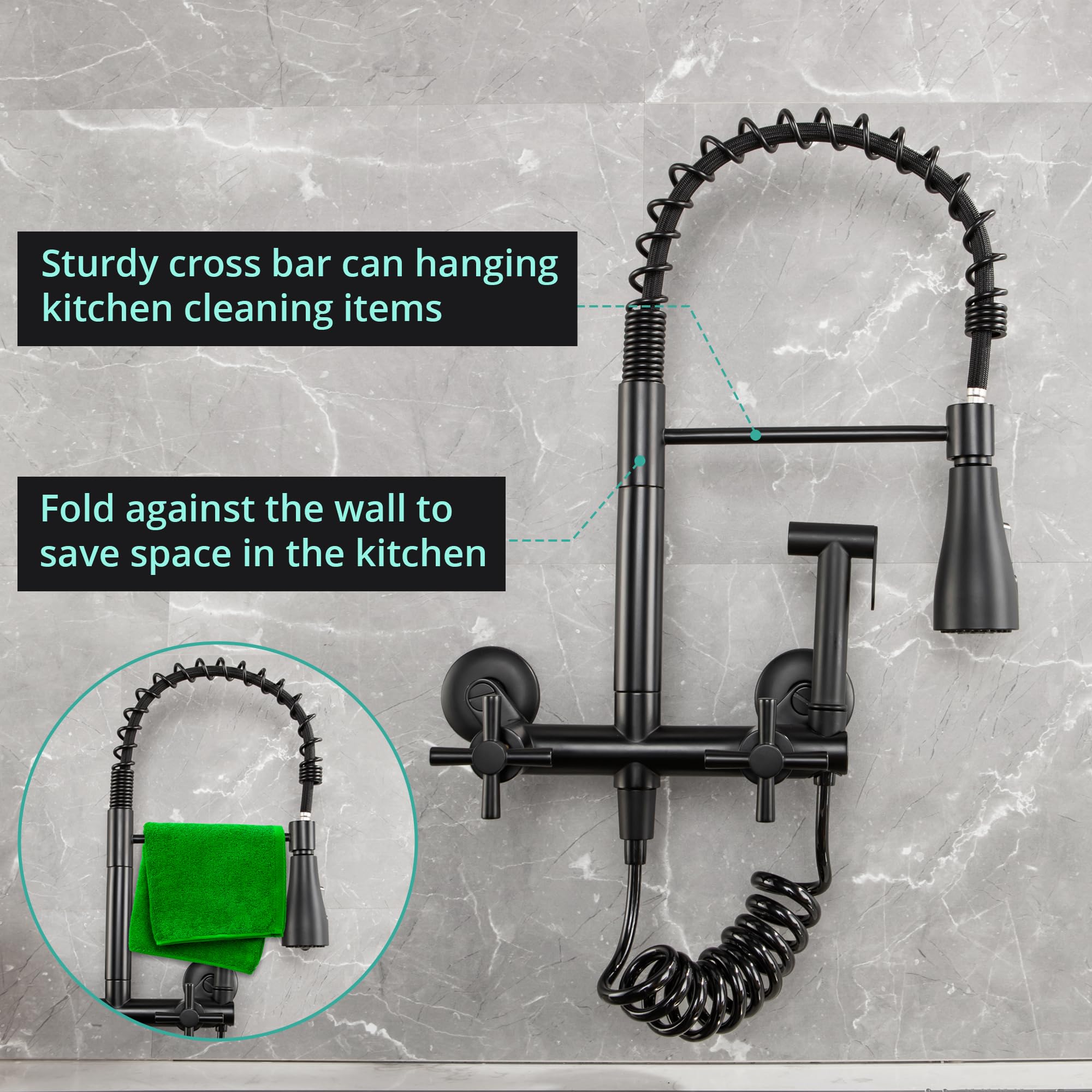 Jphomes Wall Mount Kitchen Faucet 8 Inch Center Kitchen Sink Faucet, 2 Handles Commercial Sink Faucet With Temperature Display Head For Kitchen Laundry Room, Matte Black