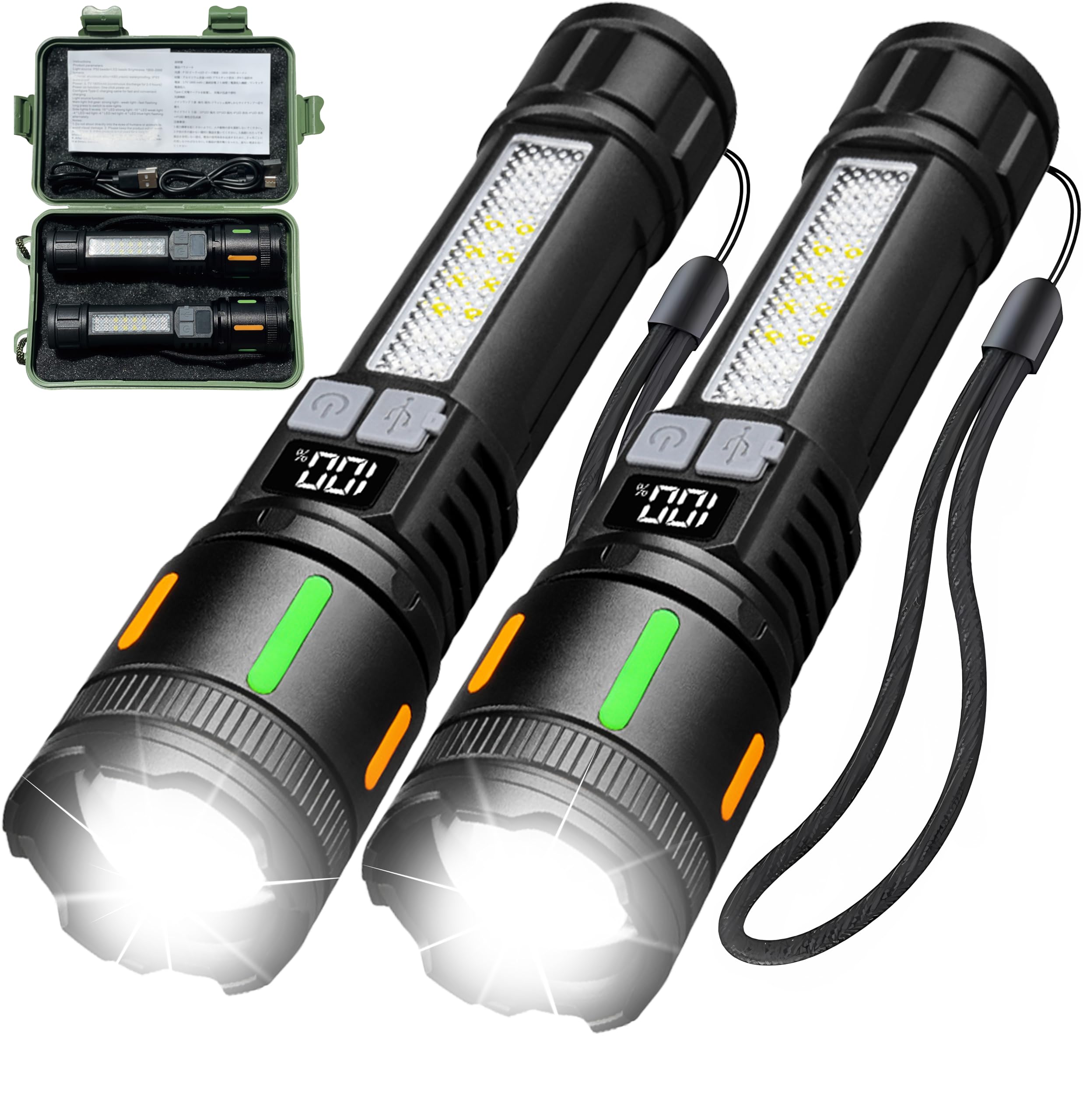 Baitool 2 Pack Rechargeable High Lumens Flashlights,Waterproof Handheld Powerful Flash Light Set,5 Modes Super Bright Flashlight With Cob Light,Flashlights For Emergencies,Home,Camping,Outdoor