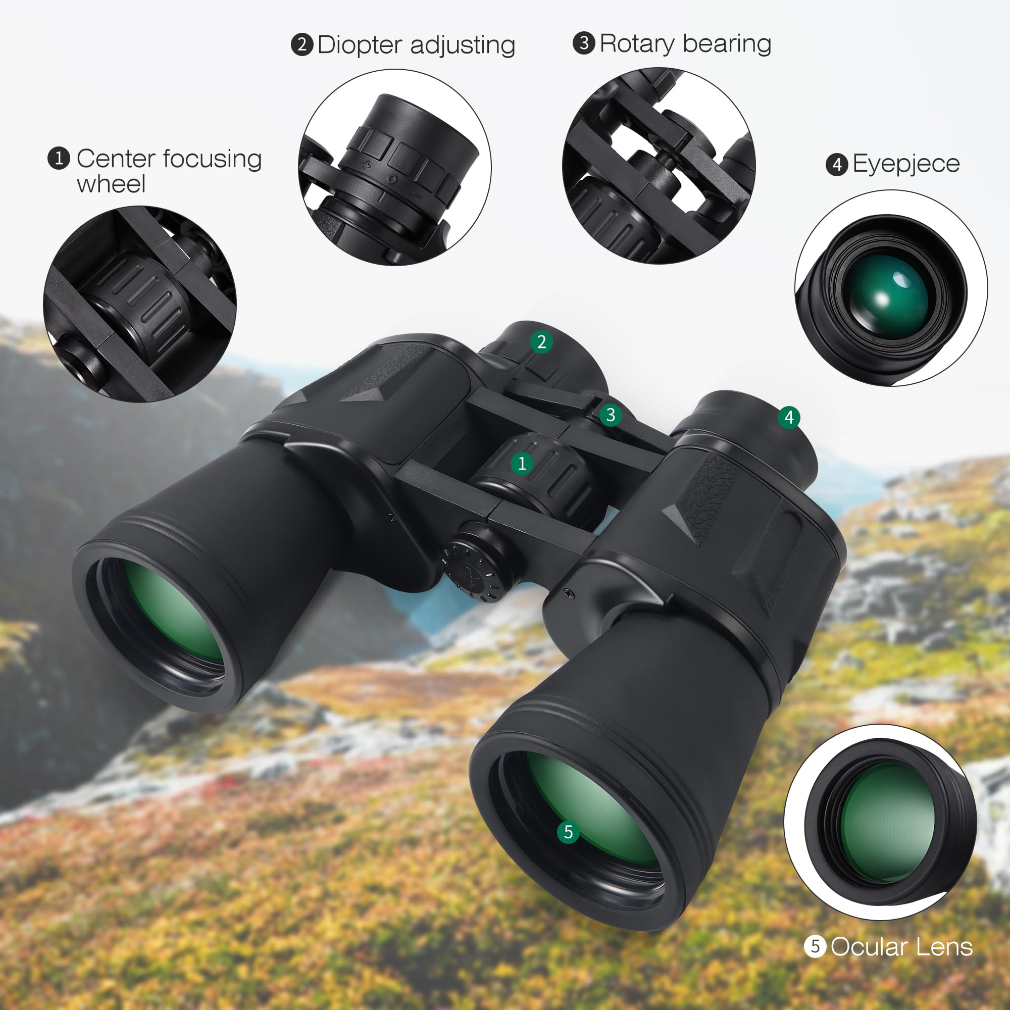 Yomuse 10X50 Hd Binoculars For Adults And Kids, Large View Compact Binocular With Clear Low Light Vision, Waterproof/Professional Bino Culars For Bird Watching/Outdoor Hunting/Travel (Black)
