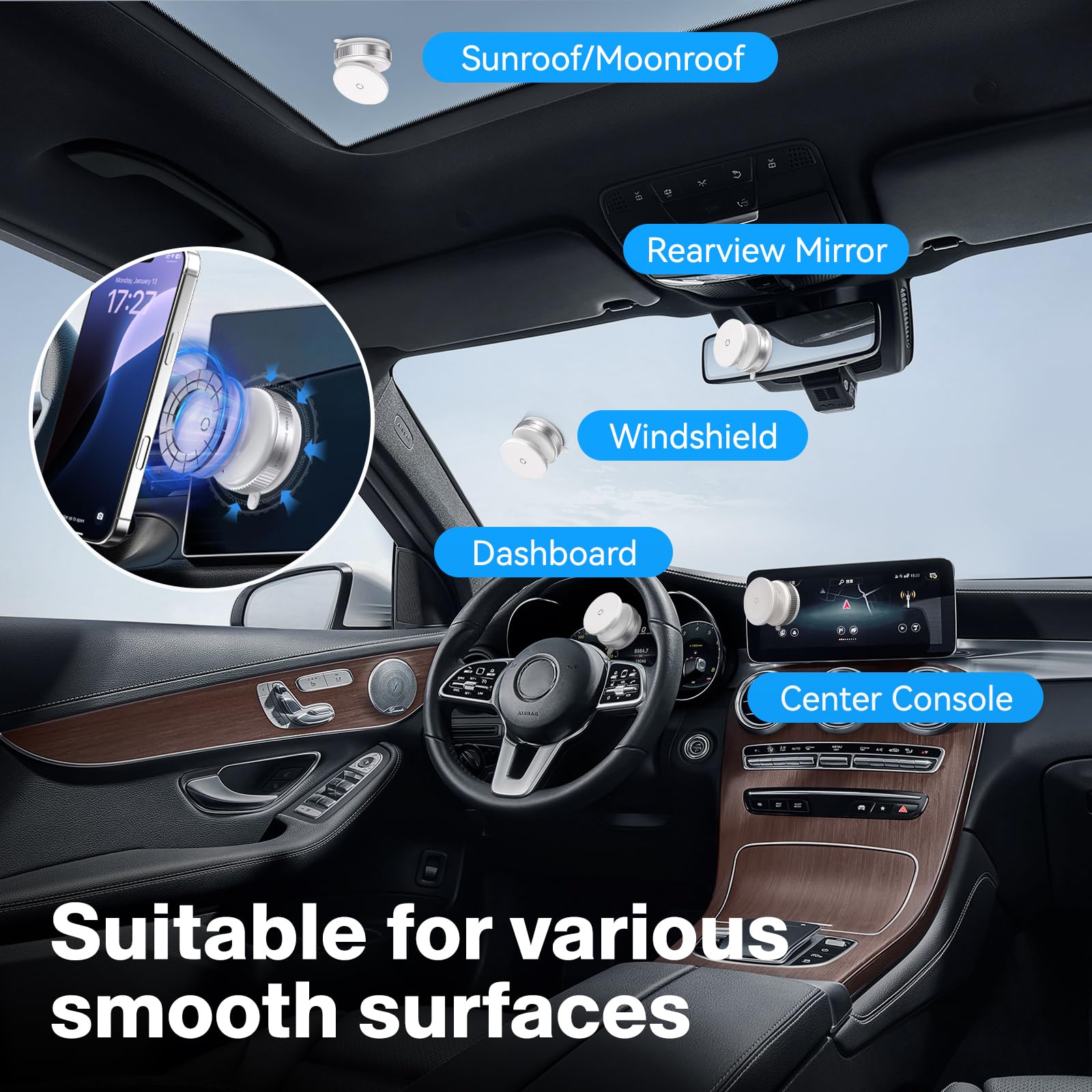 Jikasho 360° Vacuum Magnetic Suction Cup Phone Mount, Adjustable Hands- Suction Cup Phone Holder For Car/Gym/Mirror/Smooth Surface, Compatible With Iphone Android And All Smartphones (White)