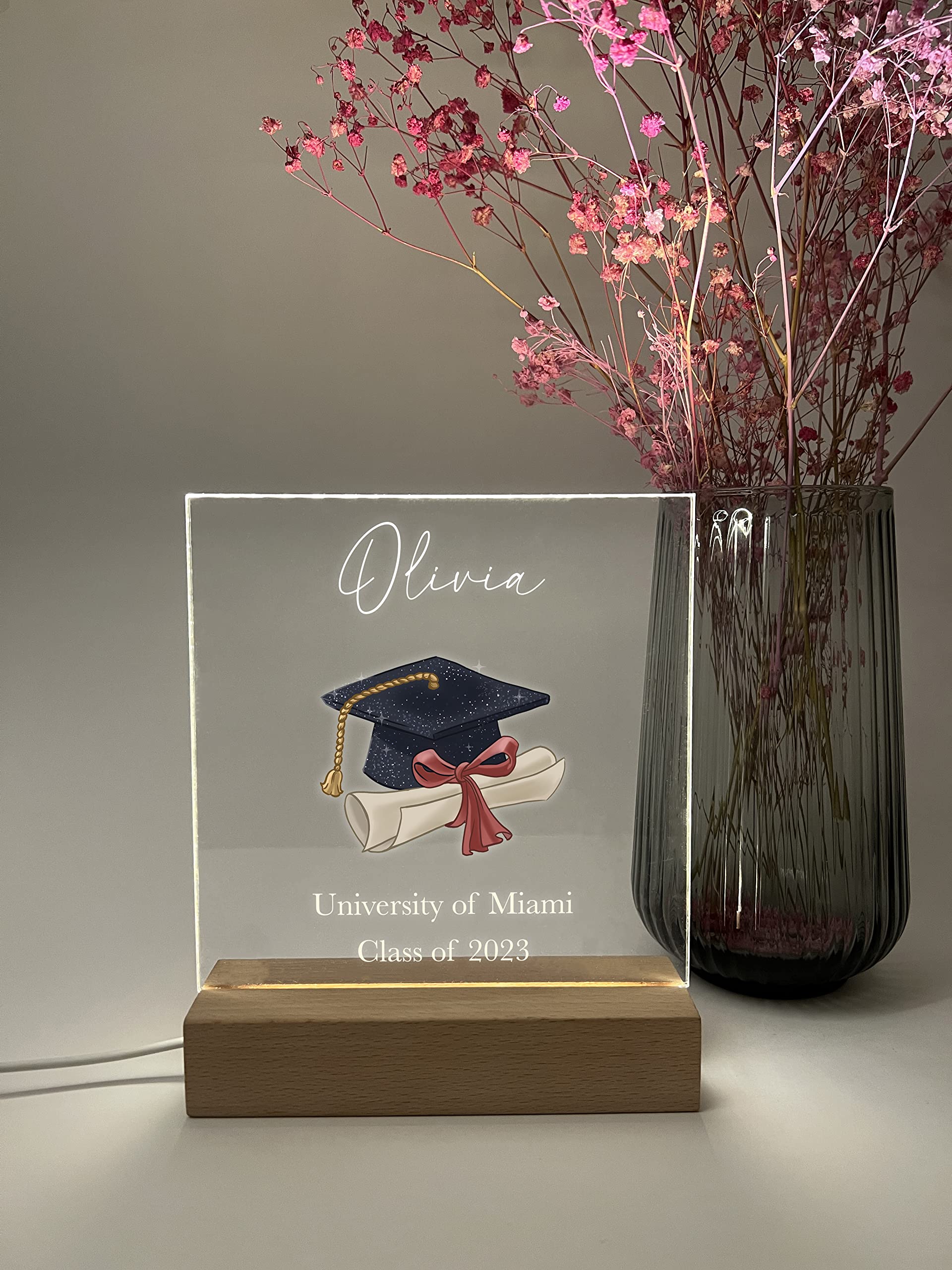 Mirror Mania Personalized Frame Light Up Table Lamp Wood Base Stand Plaque Led Desk Stand Custom Graduation Cap Diploma Class Of Graduating Year High School University College Graduate Congrats
