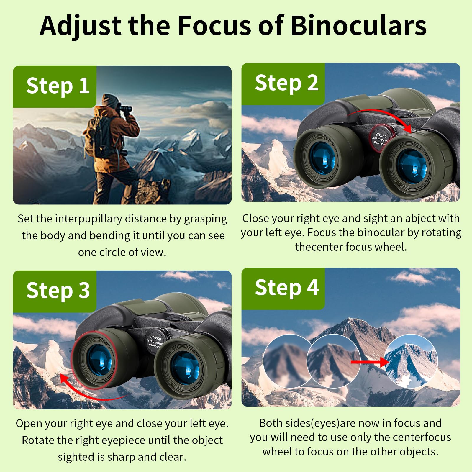 Joneme 20X50 High Powered Binoculars For Adults,Compact Binoculars Telescope With Low Light Vision For Bird Watching Travel Stargazing Concerts Camping -Bak4 Prism Fmc Lens With Phone Adapter(Green)
