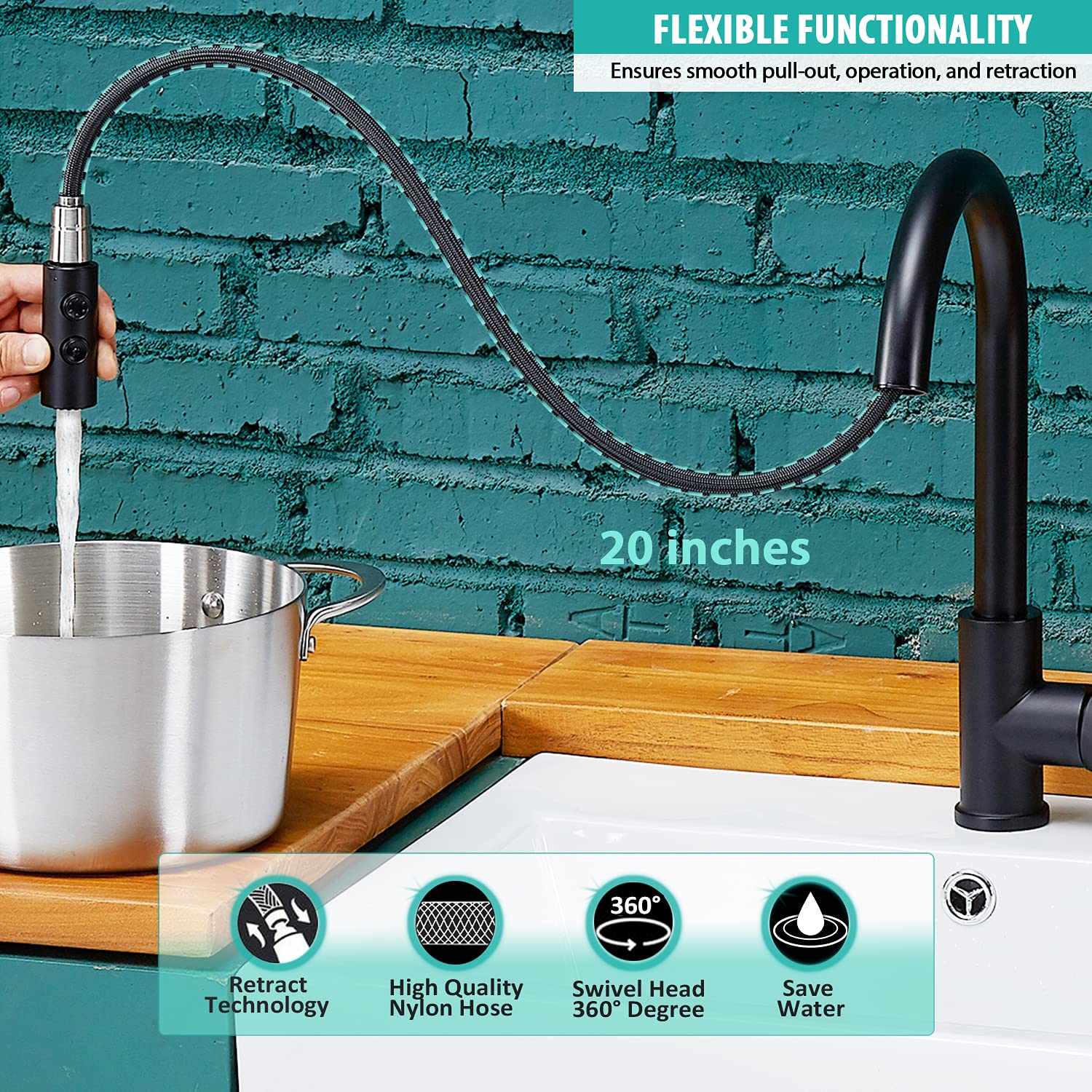 Kinfaucets Black Kitchen Faucet With Pull Down Sprayer,Single Handle Pull Out Kitchen Sink Faucet,Commercial Farmhouse Rv Bar Utility Kitchen Faucets