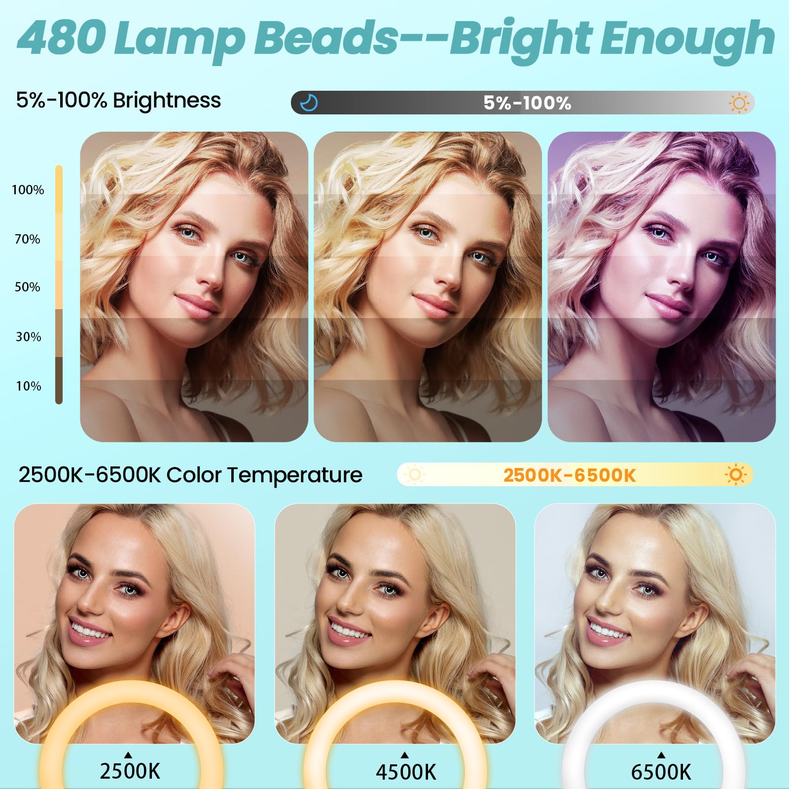 Mactrem 22" Foldable Ring Light With Stand For Iphone Ipad, 75" Tripod With Wheels 50W 6500K Led Display/2 Usb Ports Large Ringlight Rolling, Tattoo Barber Makeup Studio Video Photography Lighting