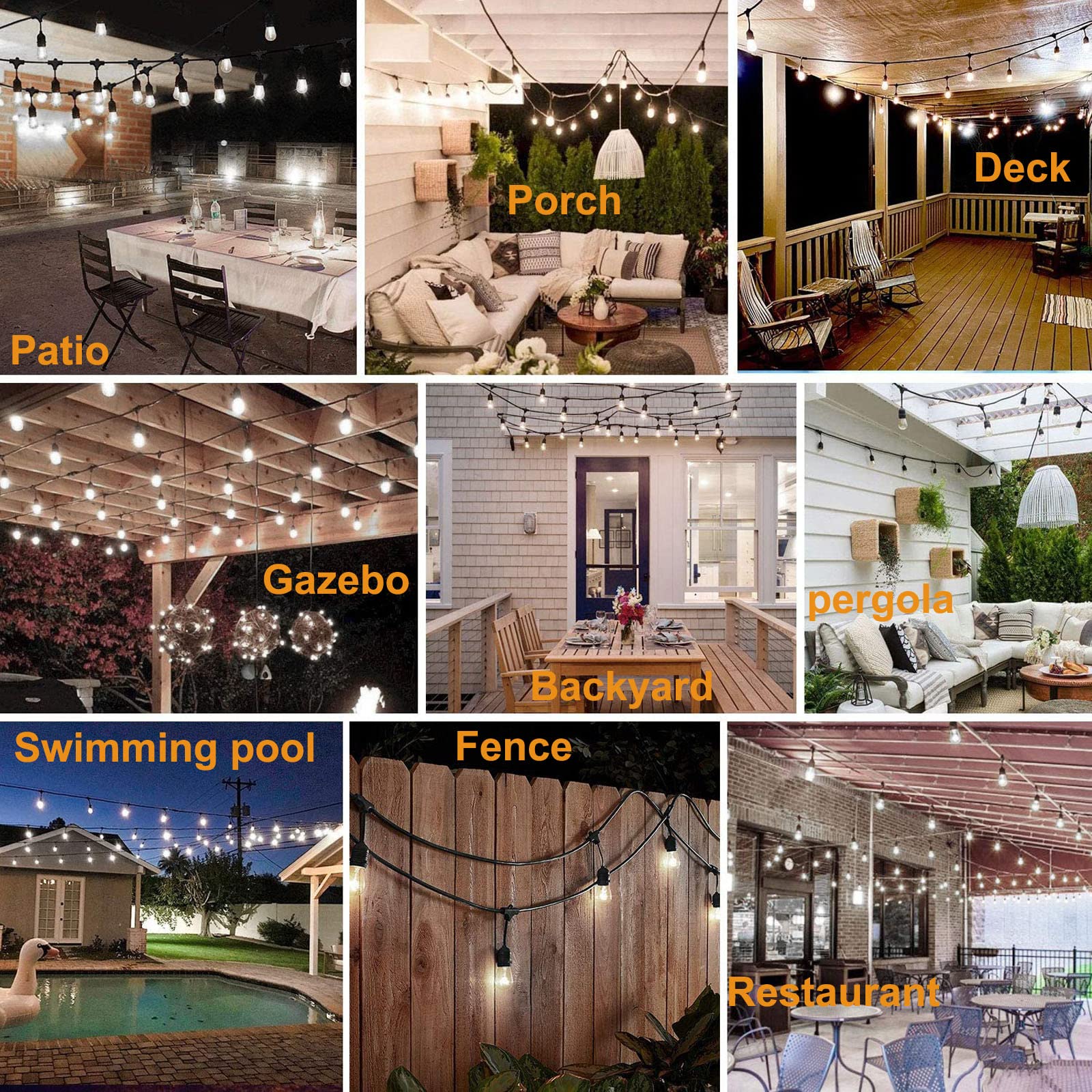 Skeerei 48Ft Outdoor String Lights - Led Heavy-Duty Waterproof Patio Lights With 16 Shatterproof Plastic 2200K Warm White Bulbs For Patio, Gazebo, Pergola, Cafe, Market, Bistro