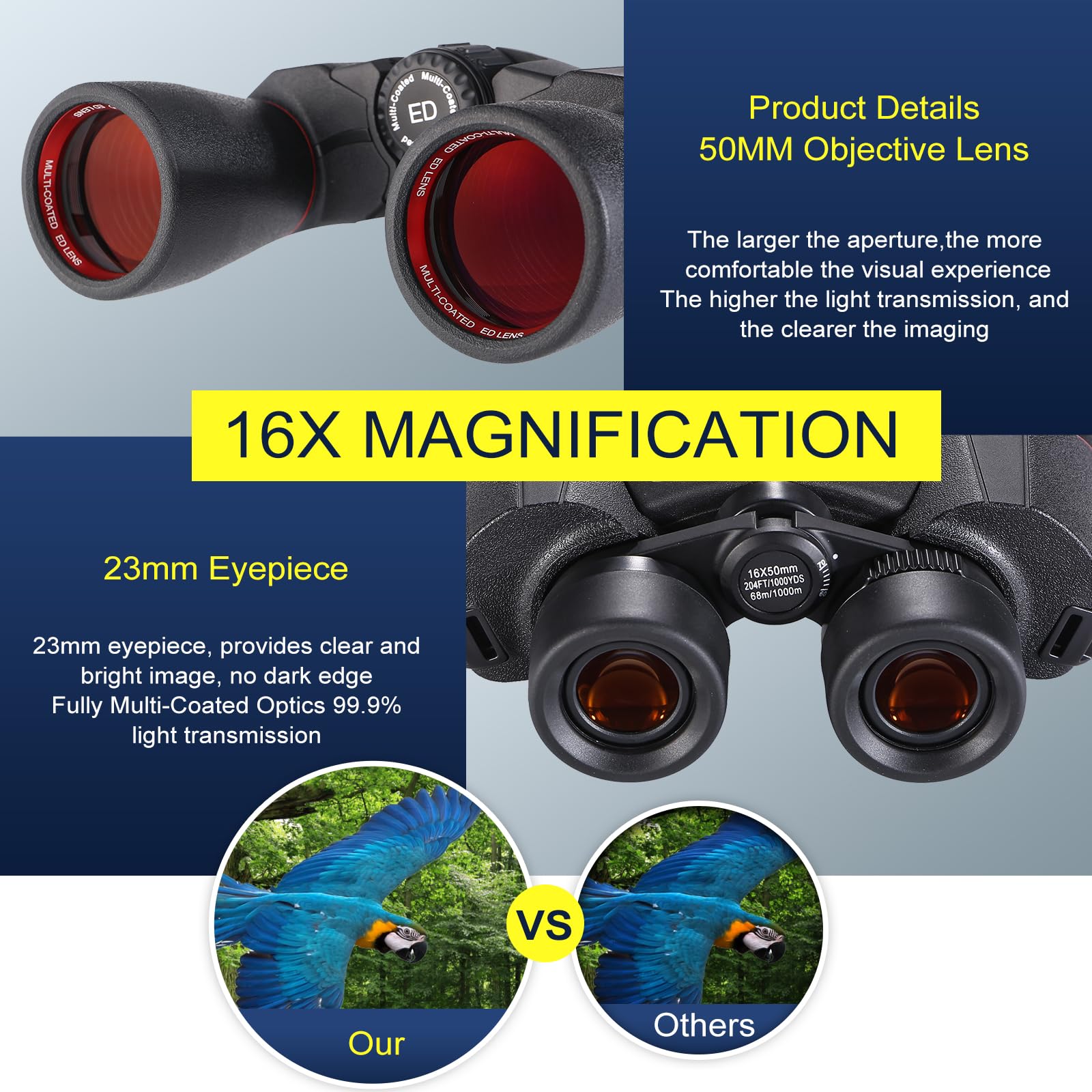 Damenverra 16X50 Binoculars For Adults High Powered - Fmc With Bak 4 Prisms - Large View Waterproof Ed Binoculars With Clear Low Light Vision For Bird Watching, Hunting, Traveling, Stargazing