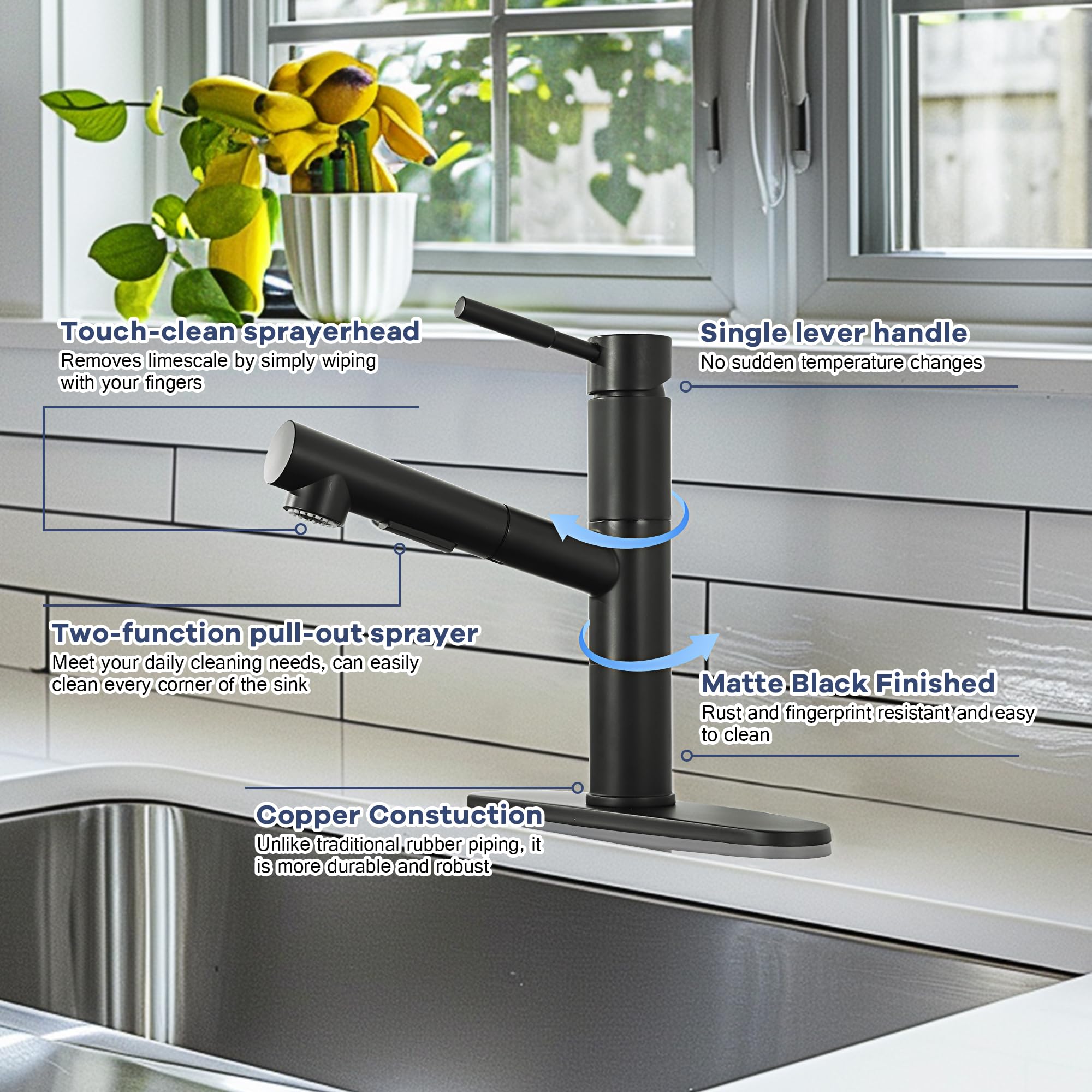 Fropo Black Kitchen Faucet With Sprayer, Black Kitchen Sink Faucet With Pull Down Sprayer, Modern Stainless Steel Bar Sink Faucet Rv Kitchen Faucet With Deck Plate 2 Modes Spray Spot Resist