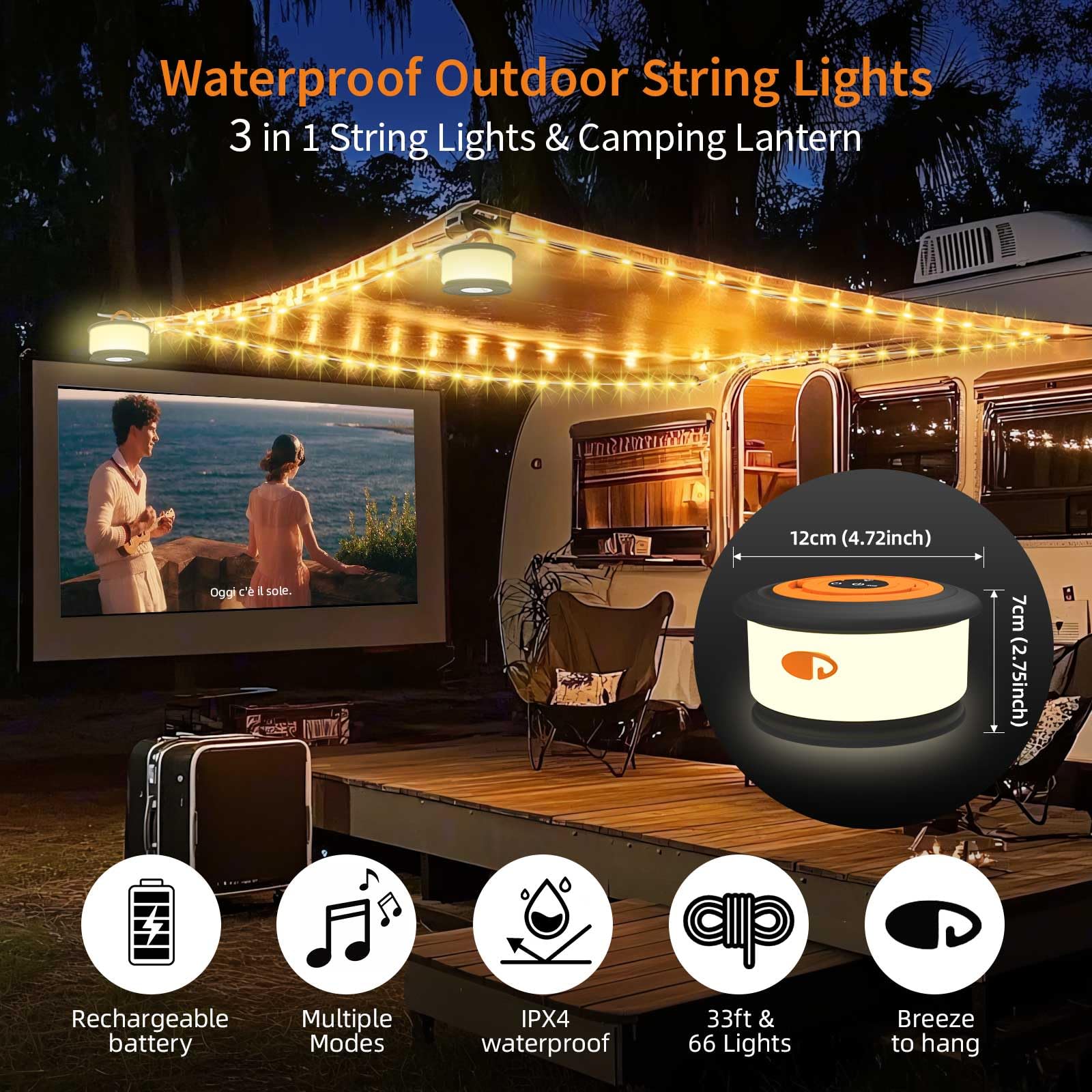 Toheto Camping String Lights, 3 In 1 Retractable Rgb Outdoor String Lights With 19 Lighting Modes,Quick 30S Recovery, 32.8 Ft Portable Tent Lights, Rechargeable Camping Lantern (Black&Orange)