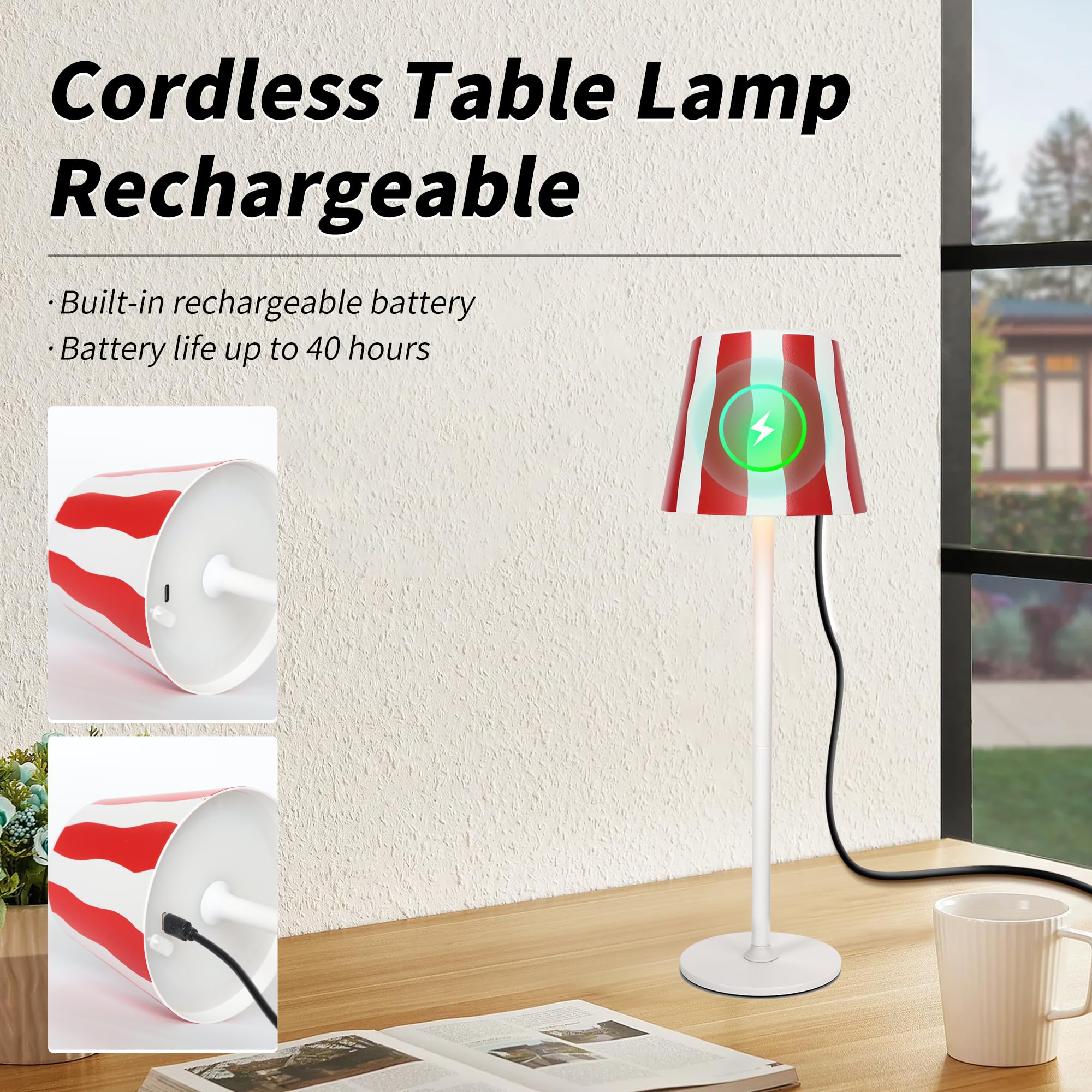 Mr. White Outdoor Waterproof Cordless Wireless Rechargeable Portable Top Touch Battery Operated Powered Led Table Lamp Desk Lamp Lights For Restaurant Kitchen Patio Dinner Dining (Red)