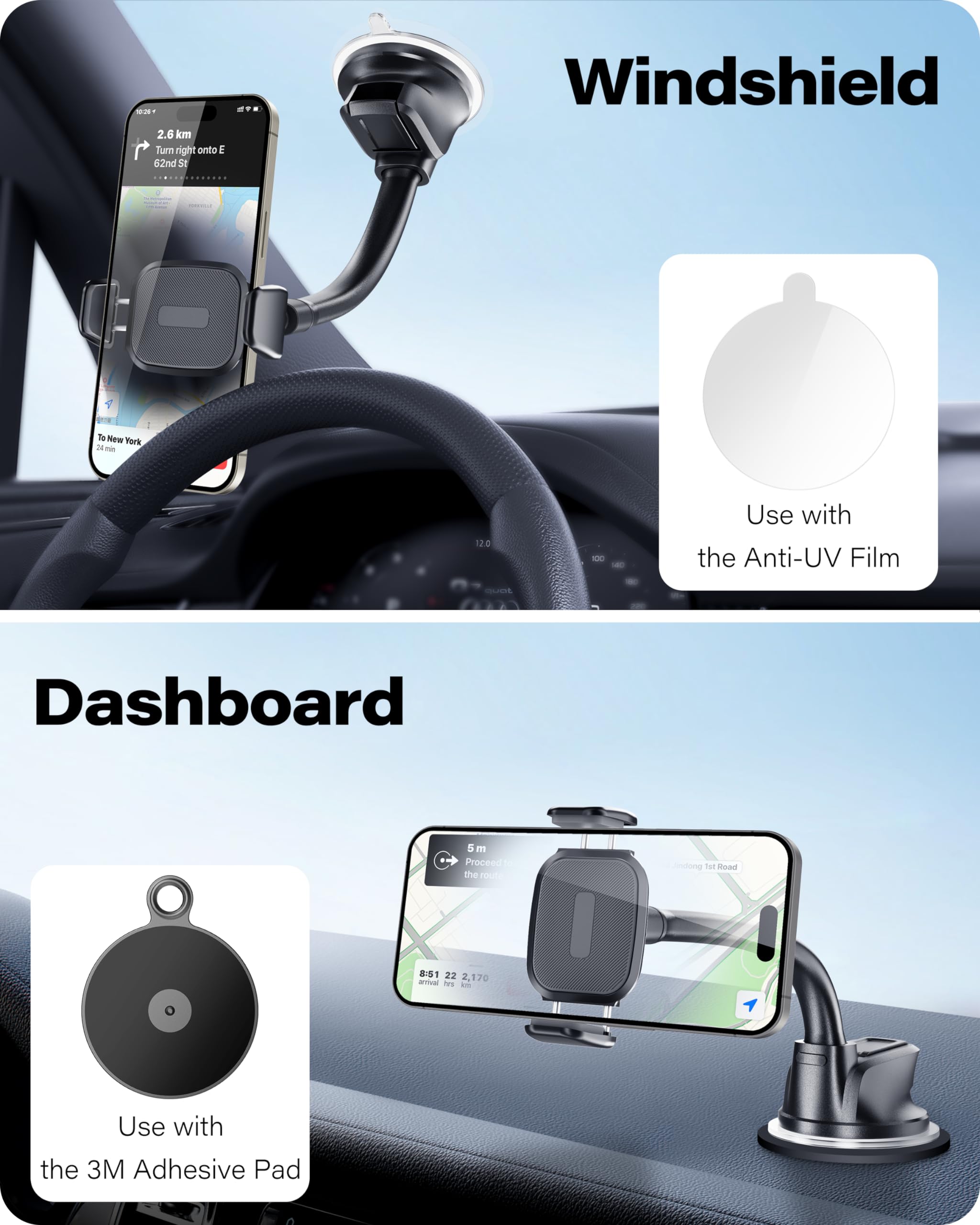 Oqtiq Suction Cup Car Phone Mount For Dashboard And Windshield - Dual Spring-Loaded Grips Expand To 3.8 Inches - Low Profile Bendable Arm Design - Fits All Phones(4.7-6.8")