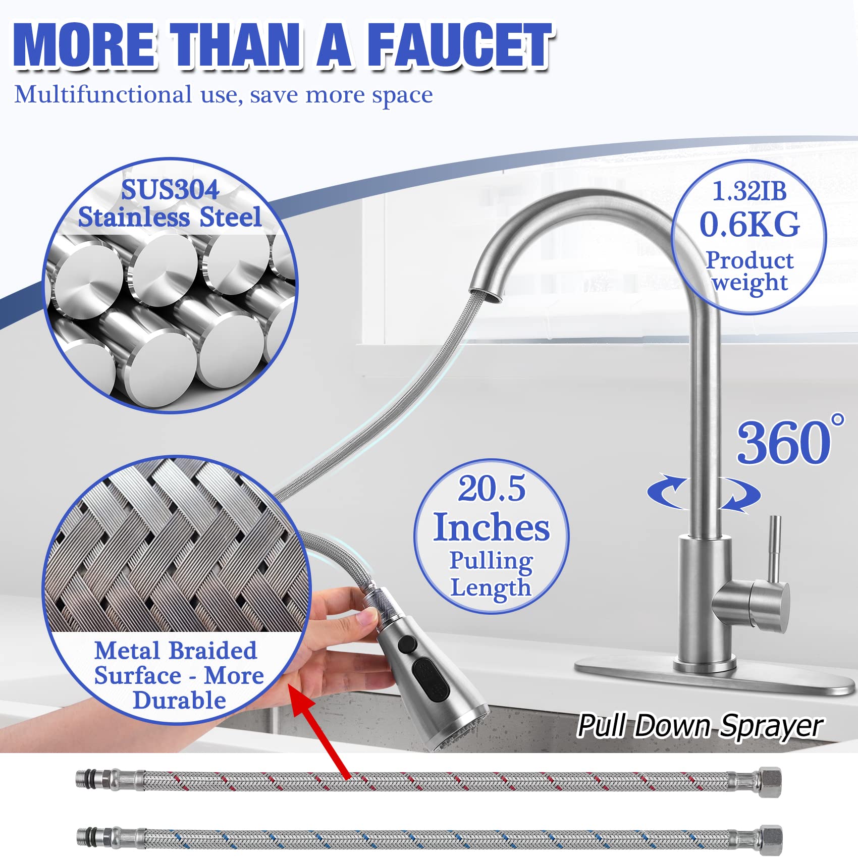 Hiokay Stainless Steel 304 Kitchen Sink Faucet With Pull Down Spray Outdoor Kitchens Faucets Out Extension Utility Farmhouse For Sinks 1 Hole,Single Handle Rent Apartment Dorm