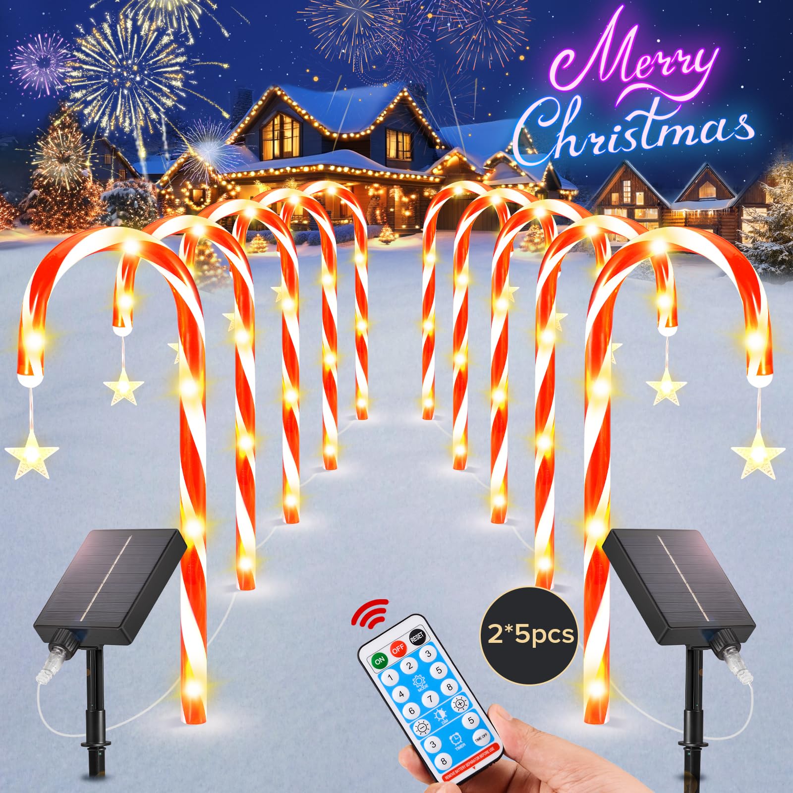 Sunlumi 19.3In Christmas Solar Candy Cane Lights, 10 Pcs Pathway Light With Star 8 Flashing Modes, Outdoor Christmas Decorations For Outside Path, Walkway, Driveway, Sidewalk, Porch, Yard, Garden