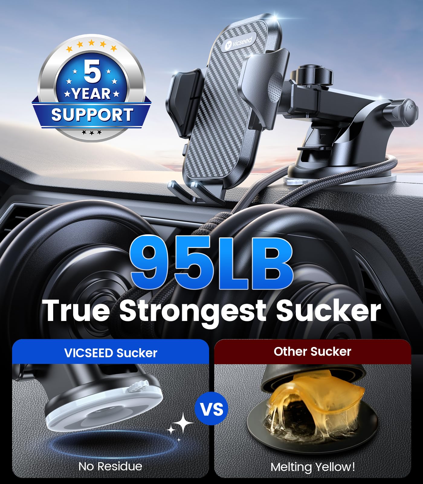 Vicseed True Military-Grade Phone Holders For Your Car [ 95+Lbs Strongest Suction] Cell Phone Mount For Car Dashboard Windshield Vent Truck Boat Stand Adjustable For Iphone Android