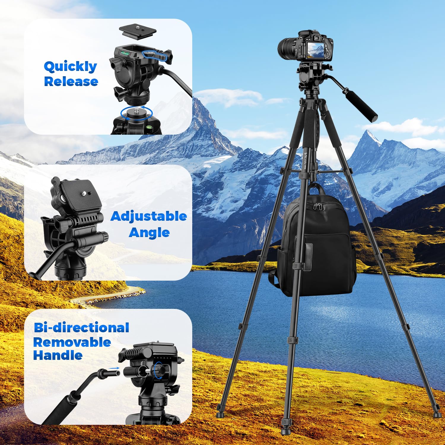 Victiv 75” Camera Tripod Stand, Heavy Duty Tripod For Camera With Phone Holder And Travel Bag, Compatible With Video Camera, Dslr, Spotting Scopes, Camcorder, Gopro, Cell Phone, Max Load 11Lb (Black)