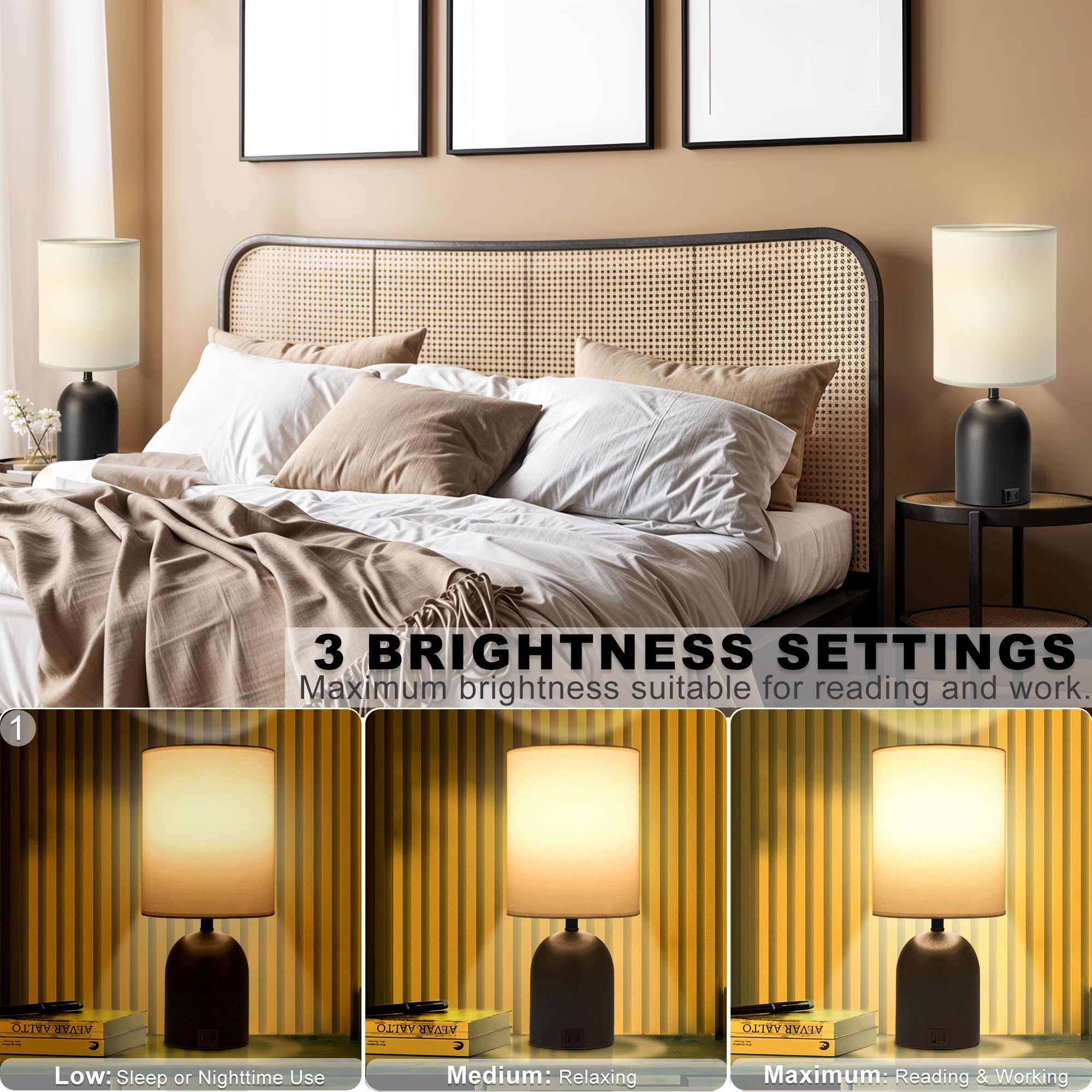 Fttoyoly Bedside Black Table Lamps Set Of 2 For Bedroom, 3 Way Dimmable Touch Nightstand Lamp With Usb C And A Ports Small Table Desk Lamp For Bedroom, Reading Room, Office, Dorm Black/White