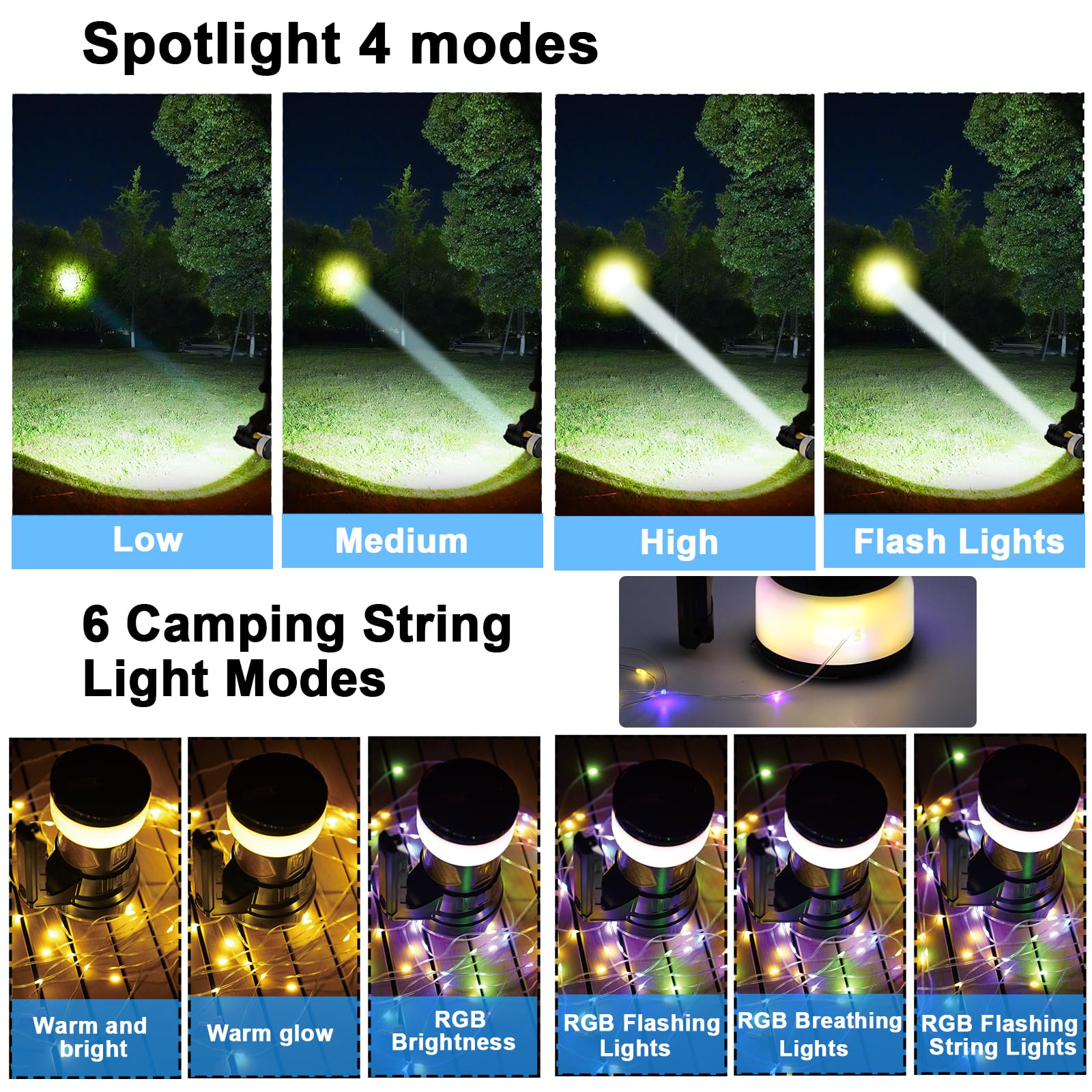 Zarrson Waterproof 49Ft Led Decorative String Light With Storage Box & 5H Runtime, Super Bright Flashlight (20H Spotlight) For Outdoor Patio, Camping, Garden Party Decoration