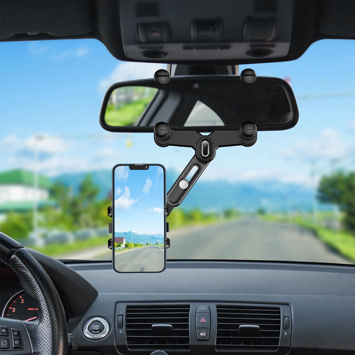 Powdapte Rear View Mirror Phone Holder, 360°Rotatable And Retractable Rearview Mirror Phone Holder For Car,  Four Corners Anti-Shake Multifunctional Design For All Iphone & Car Rearview Mirror