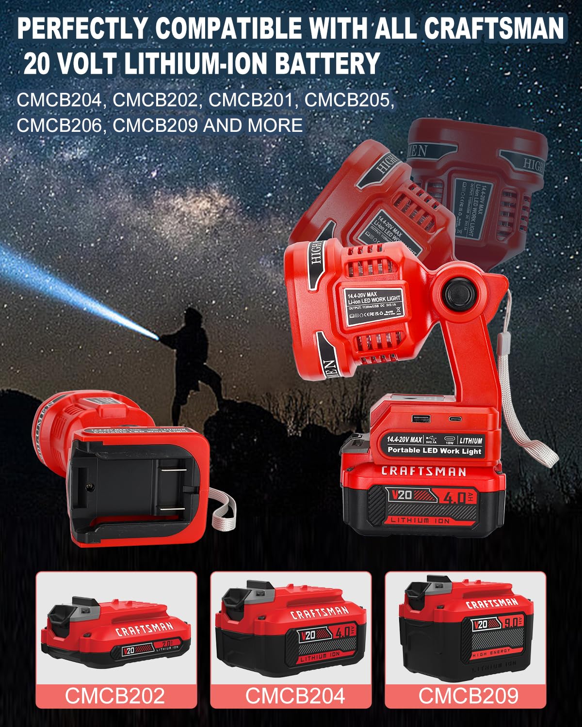 Adisipsoarin Cordless Led Flashlight For Craftsman V20 Battery, 22W Led Work Light With Usb-A&Usb-C 2.1A Fast Charging Ports For Jobsite, Car Repairing, Camping, Emergency