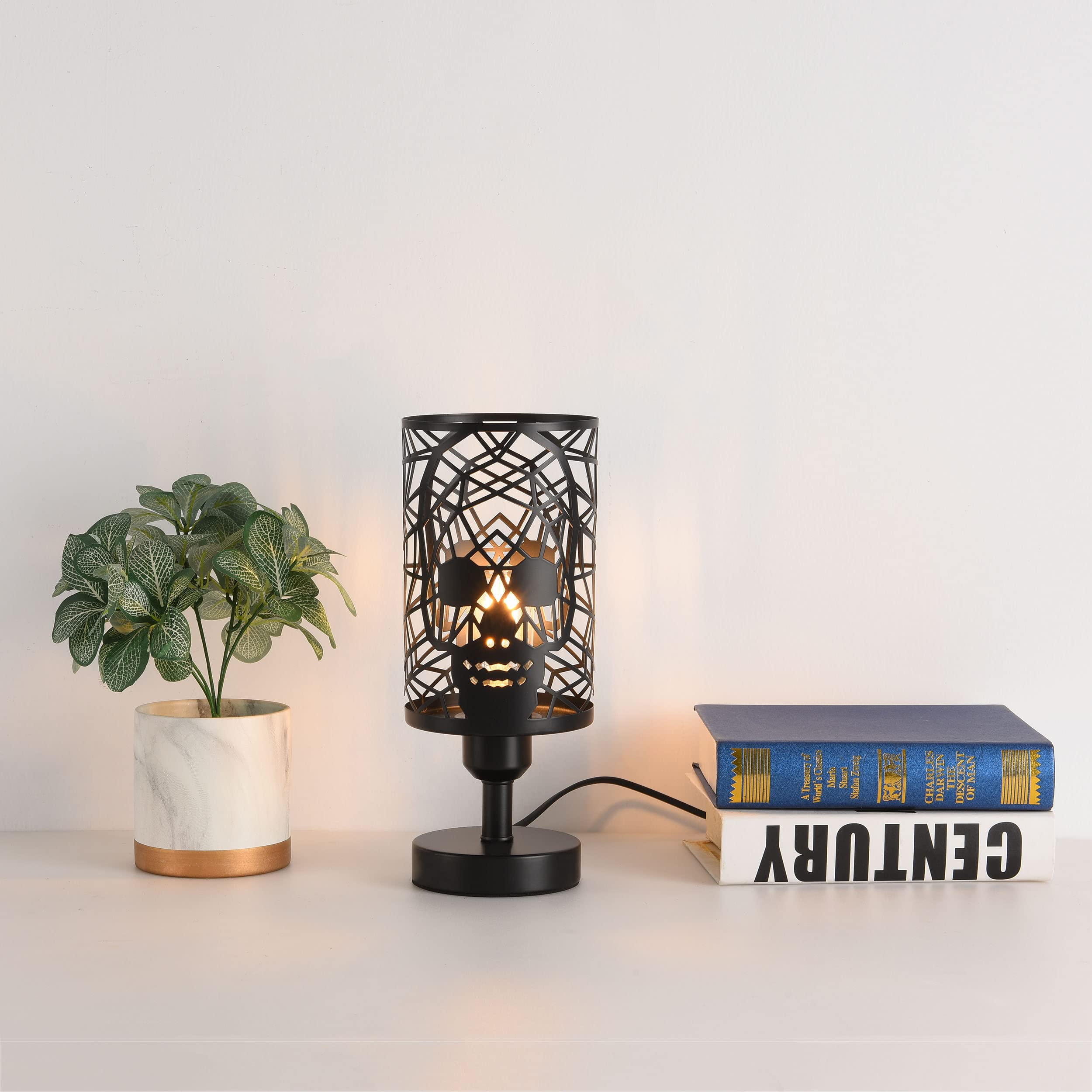 Modxian Skull Table Lamp With Plug-In Switch, Black Industrial Nightstand Lamp With Round Skull Metal Cage Lampshades, E26 Goth Desk Lamp For Bedroom, Festive (Plug-In Switch Lamp)