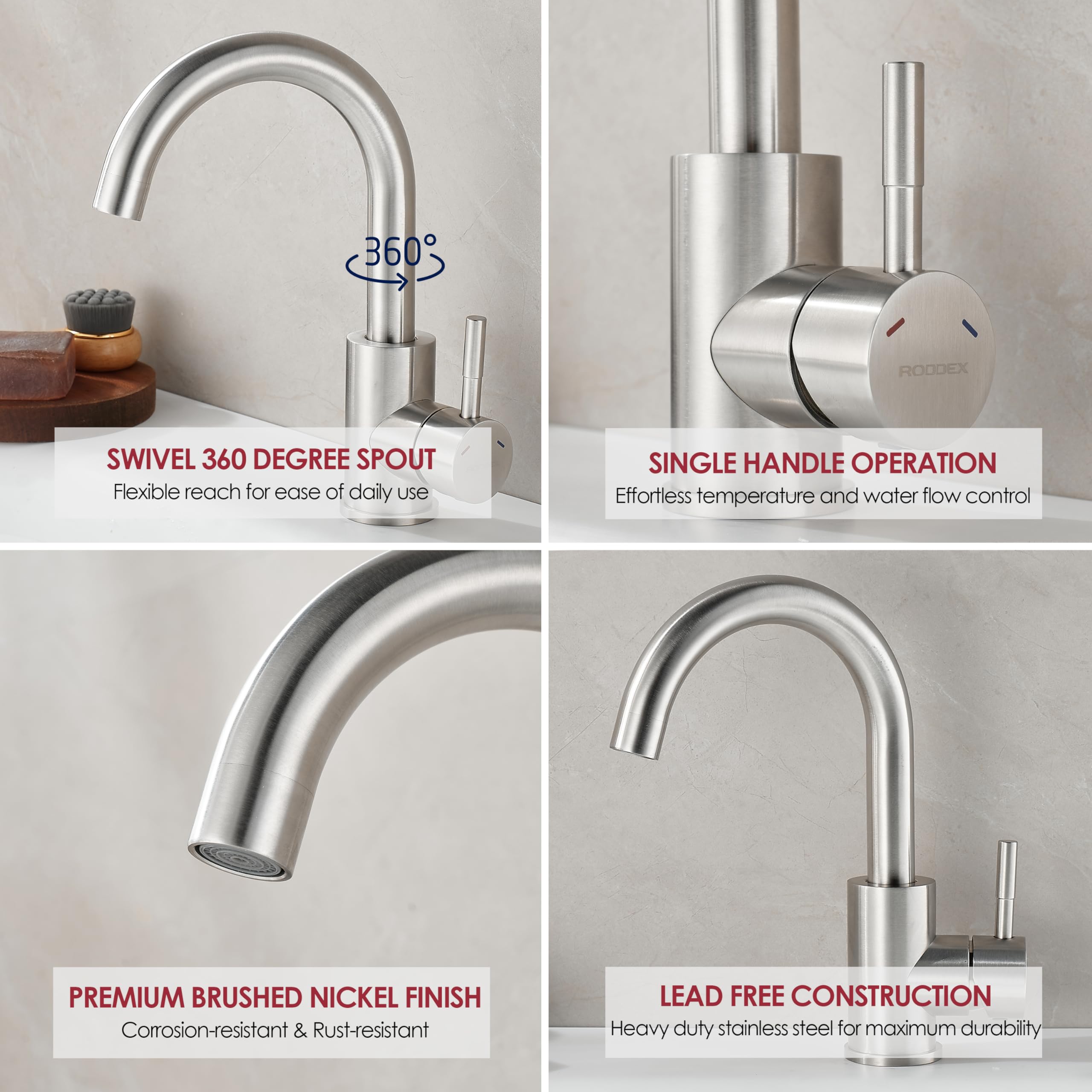 Roddex Bar Sink Faucet, Single Hole 360 Swivel Stainless Steel Faucets, Small Modern Single Handle Tap For Kitchen Bath Bathroom Sink, Brushed Nickel