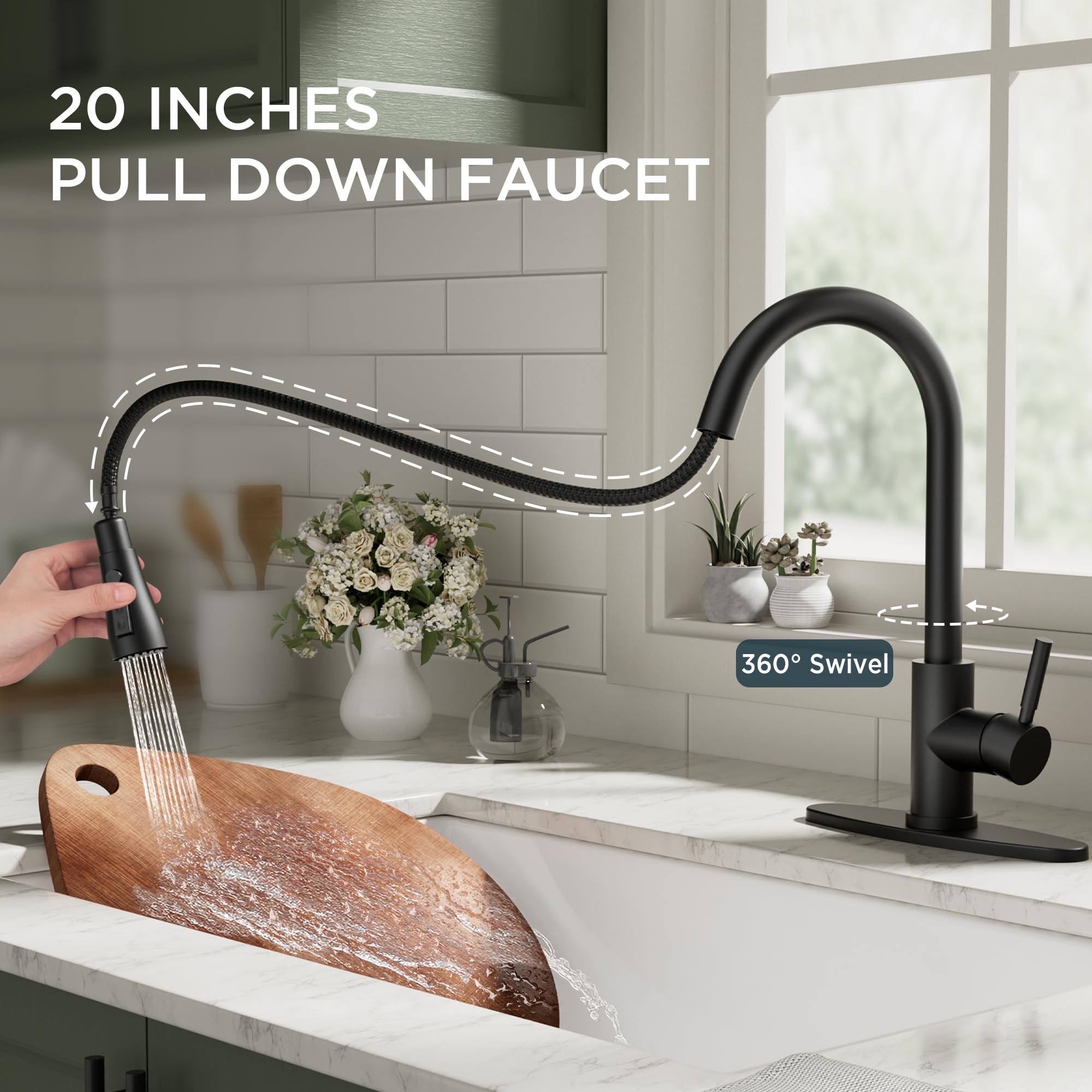 Qfn Black Kitchen Faucet With Pull Down Sprayer, High Arc Single Handle Single Level Stainless Steel Pull Out Sink Faucet For Farmouse Camper Rv Bar, Fit For 1 Or 3 Hole