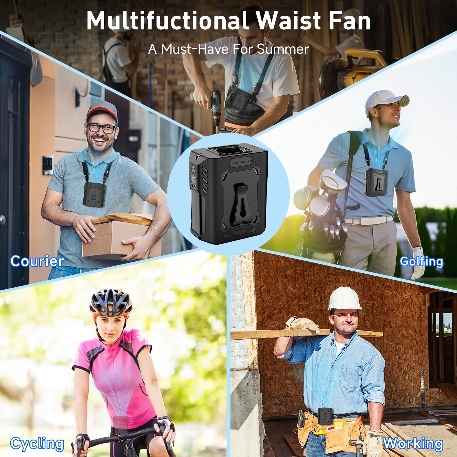 Portable Waist Fan, 5-Speed 14800Rpm Strong Airflow, Personal Rechargeable Fan[Max 25H Working Time]