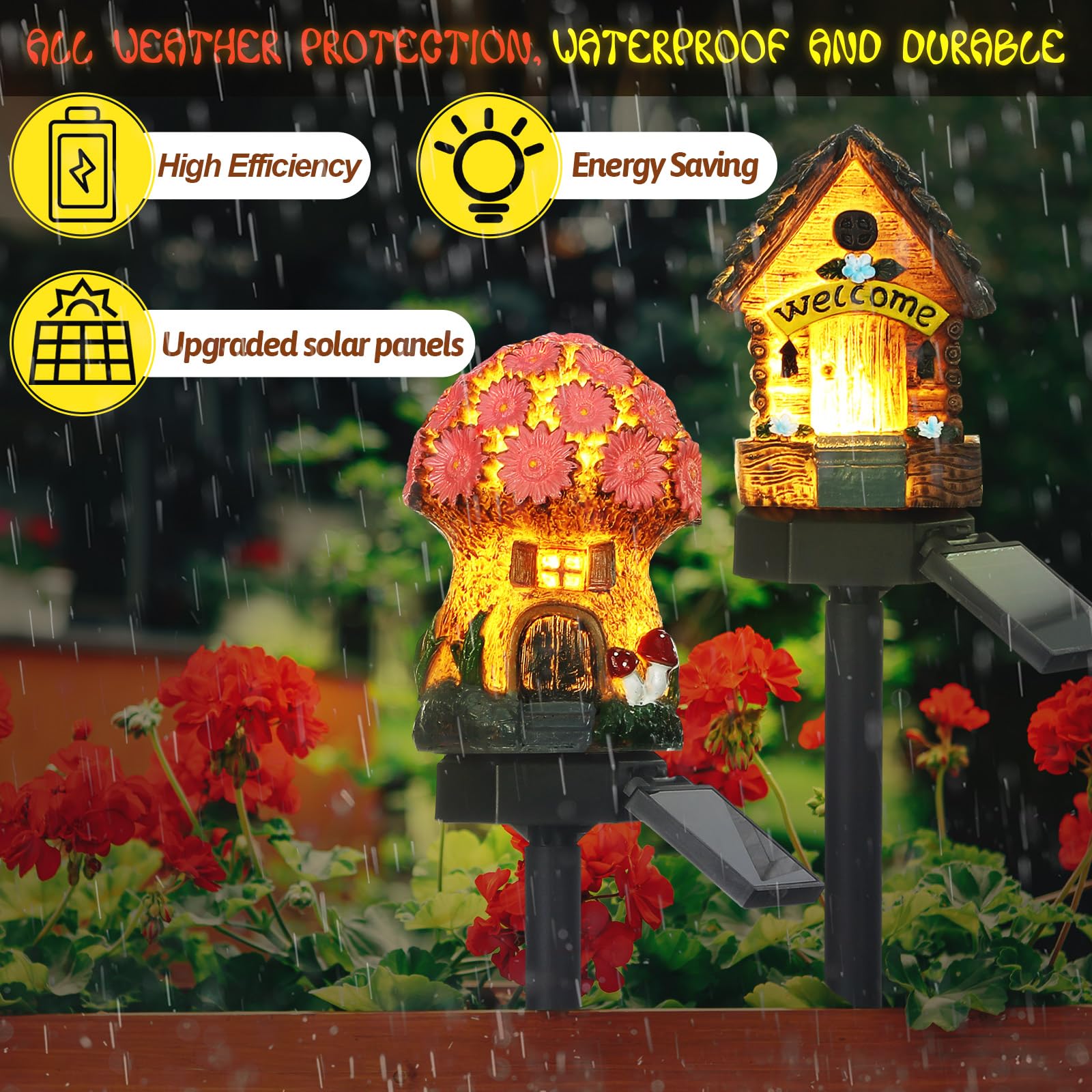 Rossesay 2 Pack Outdoor Garden Mushroom Fairy House Solar Light Home Statue Led Light Fairy Lights For Outside Garden Lawn Walkway Patio Yard Backyard Plant Decoration