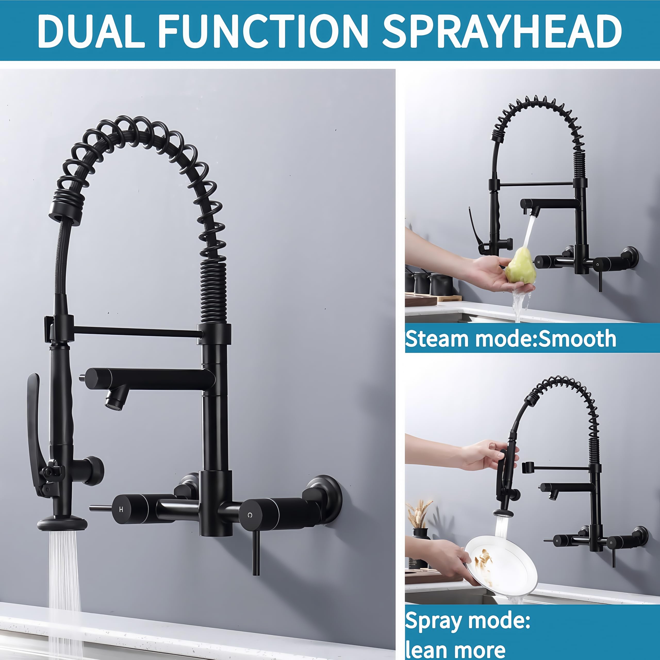 Pirooso Commercial Wall Mount Kitchen Faucet With Pre-Rinse Sprayer & Pot Filler - 8-Inch Center High Arc Spring Faucet With Two Handles - Modern Black Finish For Kitchen Sinks