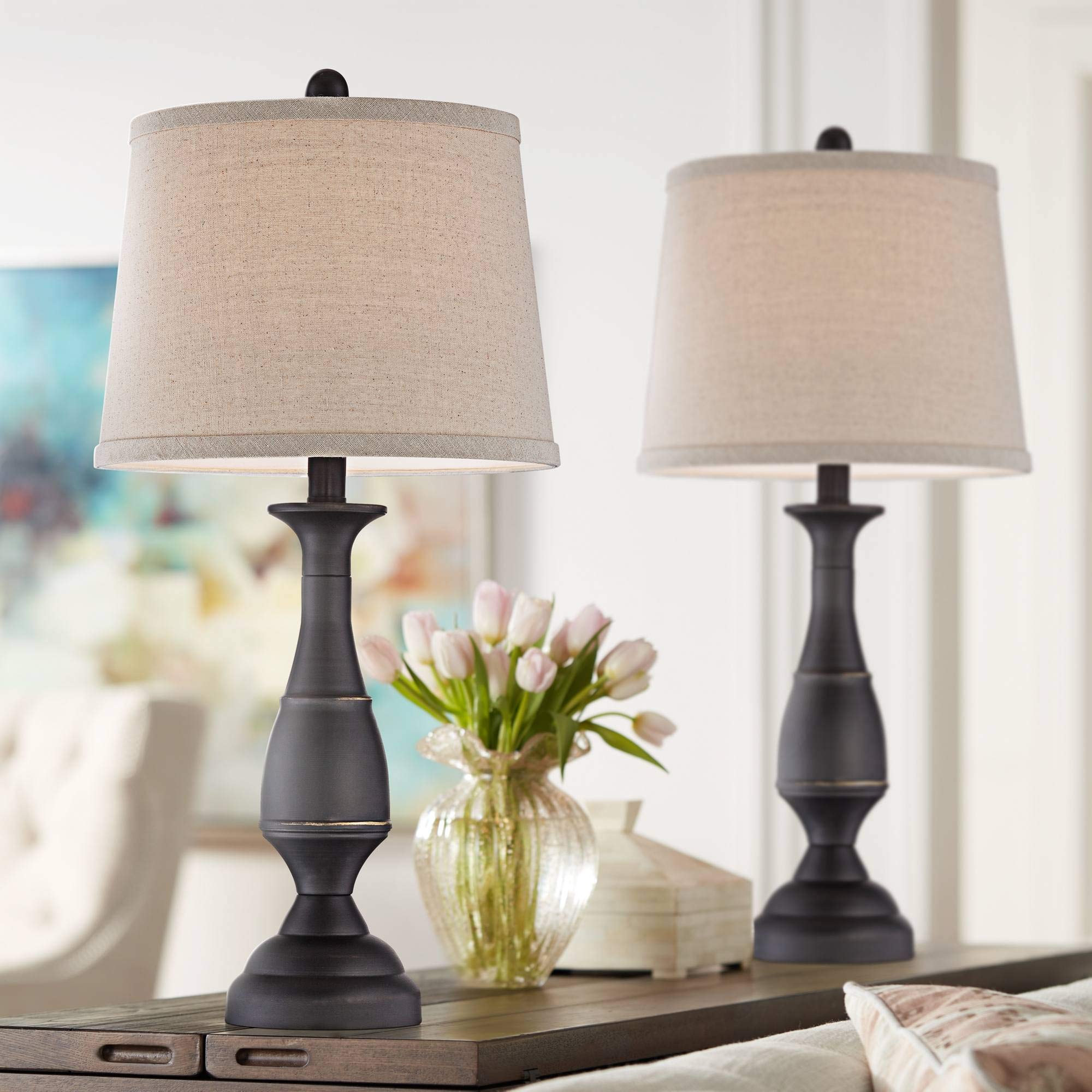 Regency Hill Ben Farmhouse Traditional Table Lamps 25" High Full Size Set Of 2 Dark Bronze Brown Metal Beige Linen Drum Shade Decor For Living Room Bedroom House Bedside Nightstand Home Office