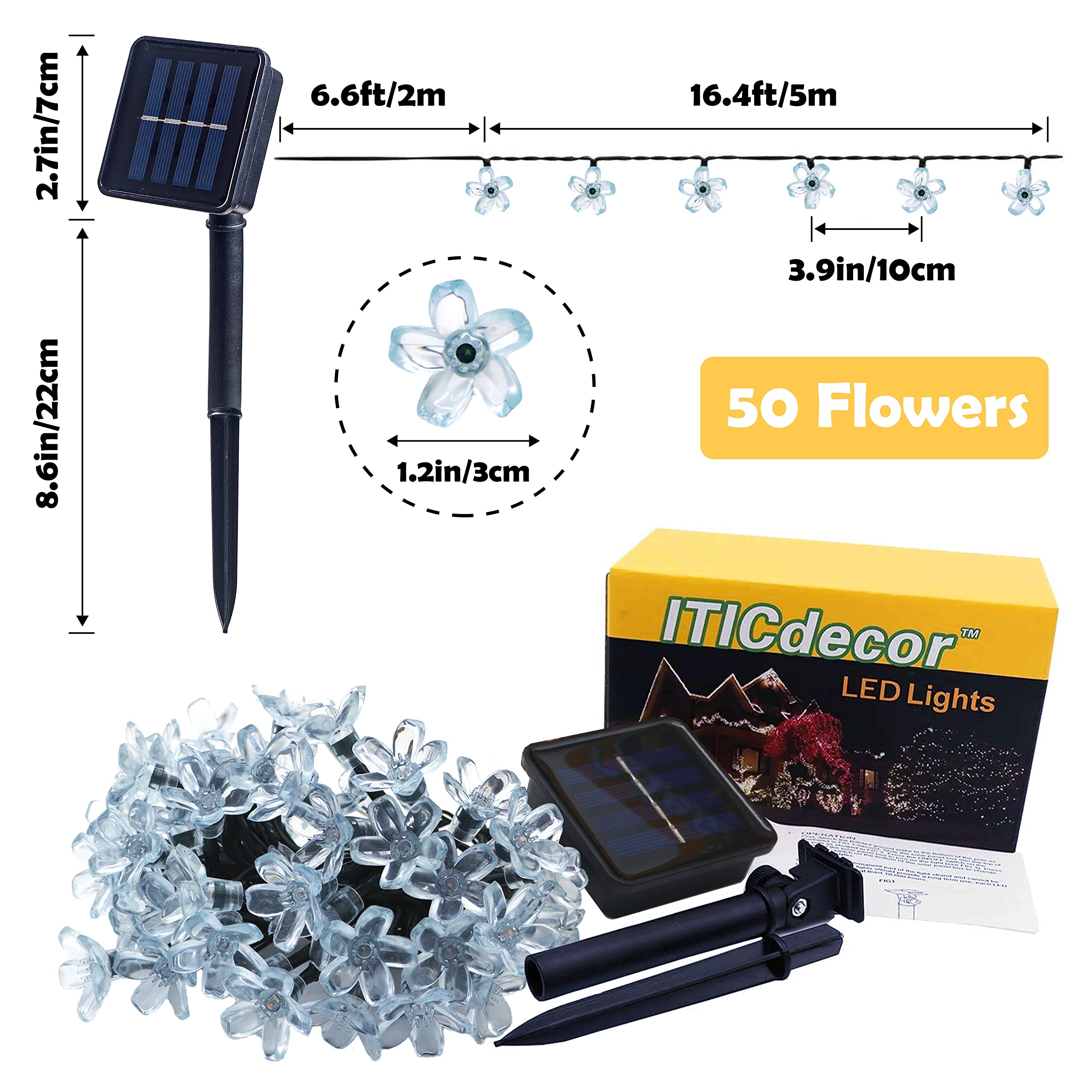 Iticdecor Solar Flower String Lights Outdoor Waterproof 50 Led Fairy Light Christmas Decorations For Garden Fence Patio Yard Christmas Tree, Home, Lawn, Wedding, Patio, Party Decoration (Warm White)