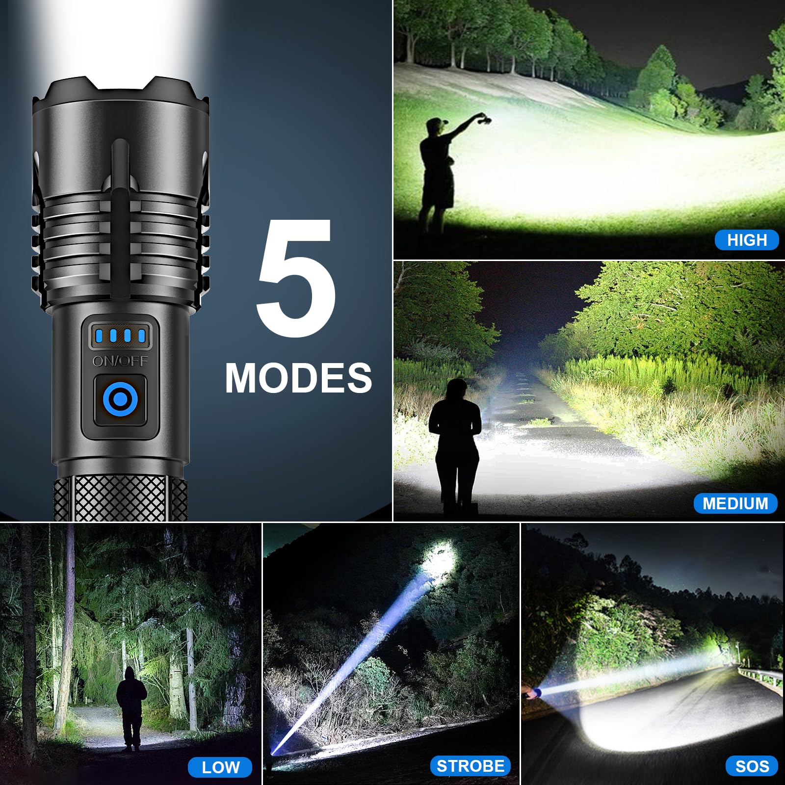 Lylting Rechargeable Flashlights High Lumens, 990000 Lumens Super Bright Led Flashlights With Usb Cable, Adjustable Powerful 5 Modes Waterproof Flashlight Handheld Flash Light For Home Camping