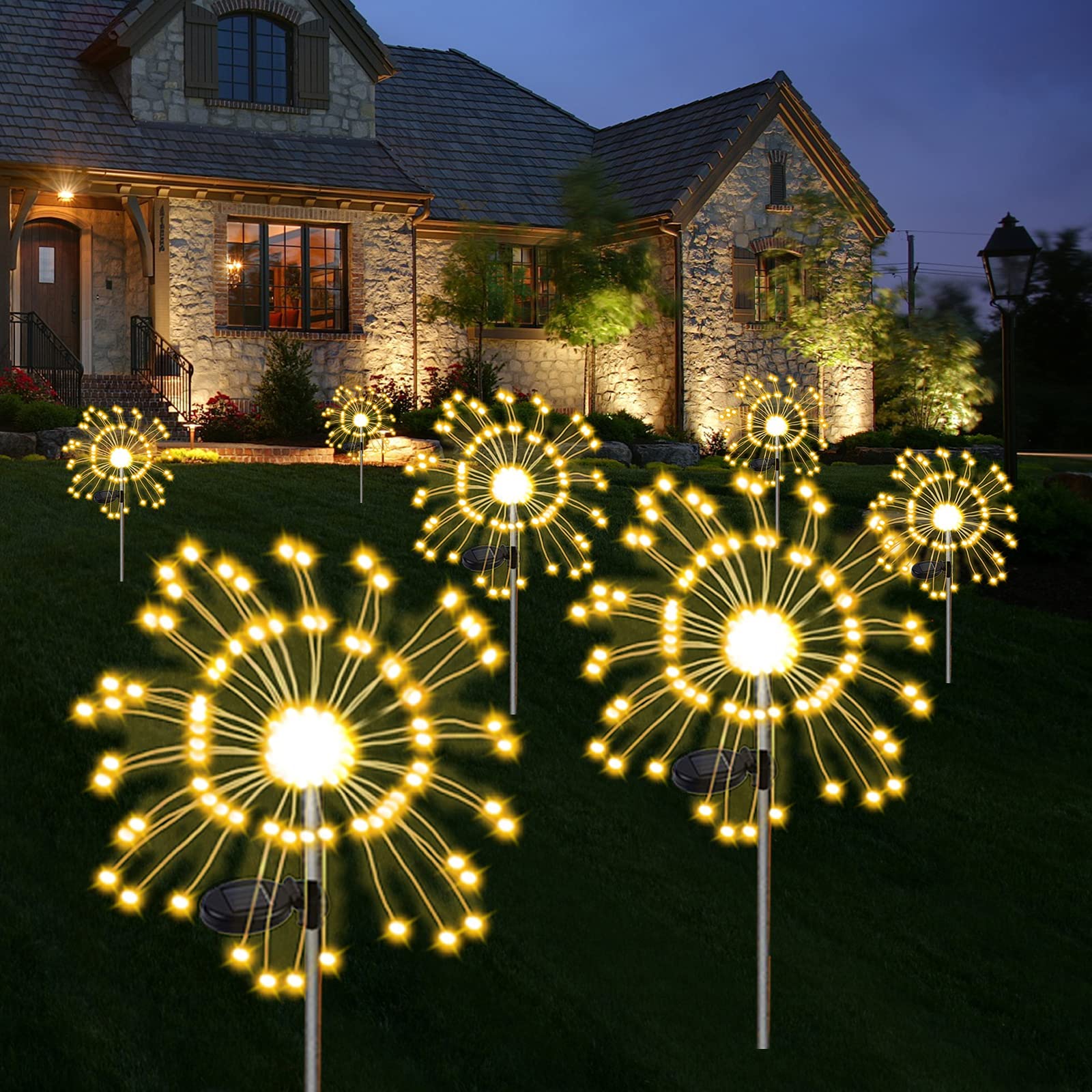 Xvz Solar Garden Light, 2 Pack  120 Led Solar Powered Firework Light,2 Modes And Waterproof Diy Outdoor Decoration Light For Walkway Pathway Backyard Christmas Party Decor（Warm White）