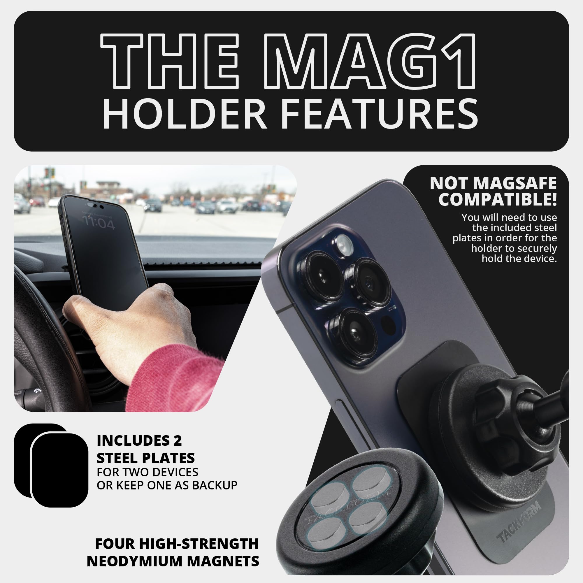 Tackform Link Vent Mount Magnetic Phone Holder - Compatible With '21-'25 Ford F150 & Raptor, '23-'25 Ford Super Duty  Aluminum Base  Short Reach  Not Compatible With Magsafe
