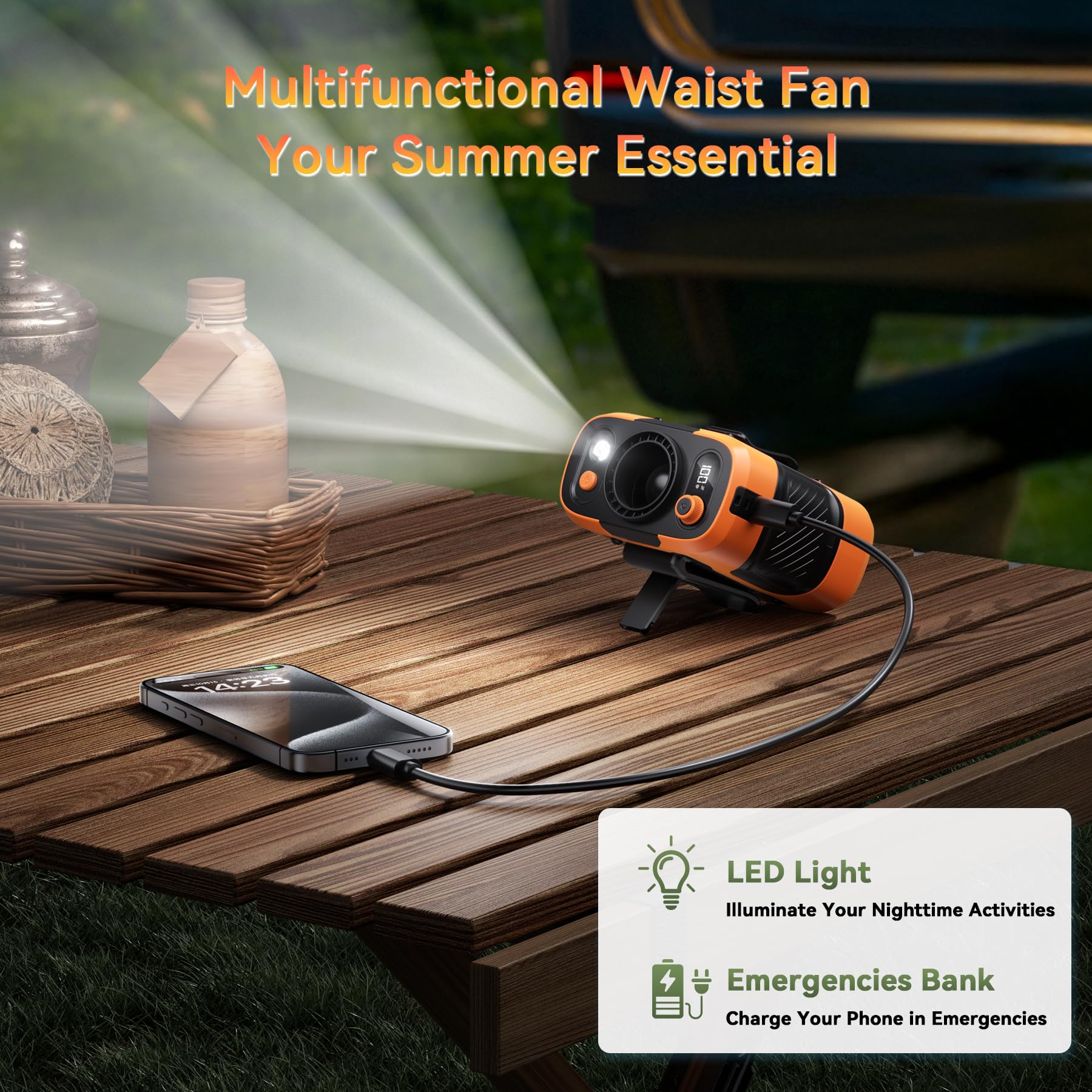 Portable Waist Fan Clip On With Light, 12M/S Quiet & Powerful Silencer Motor, 100 Speeds Wearable