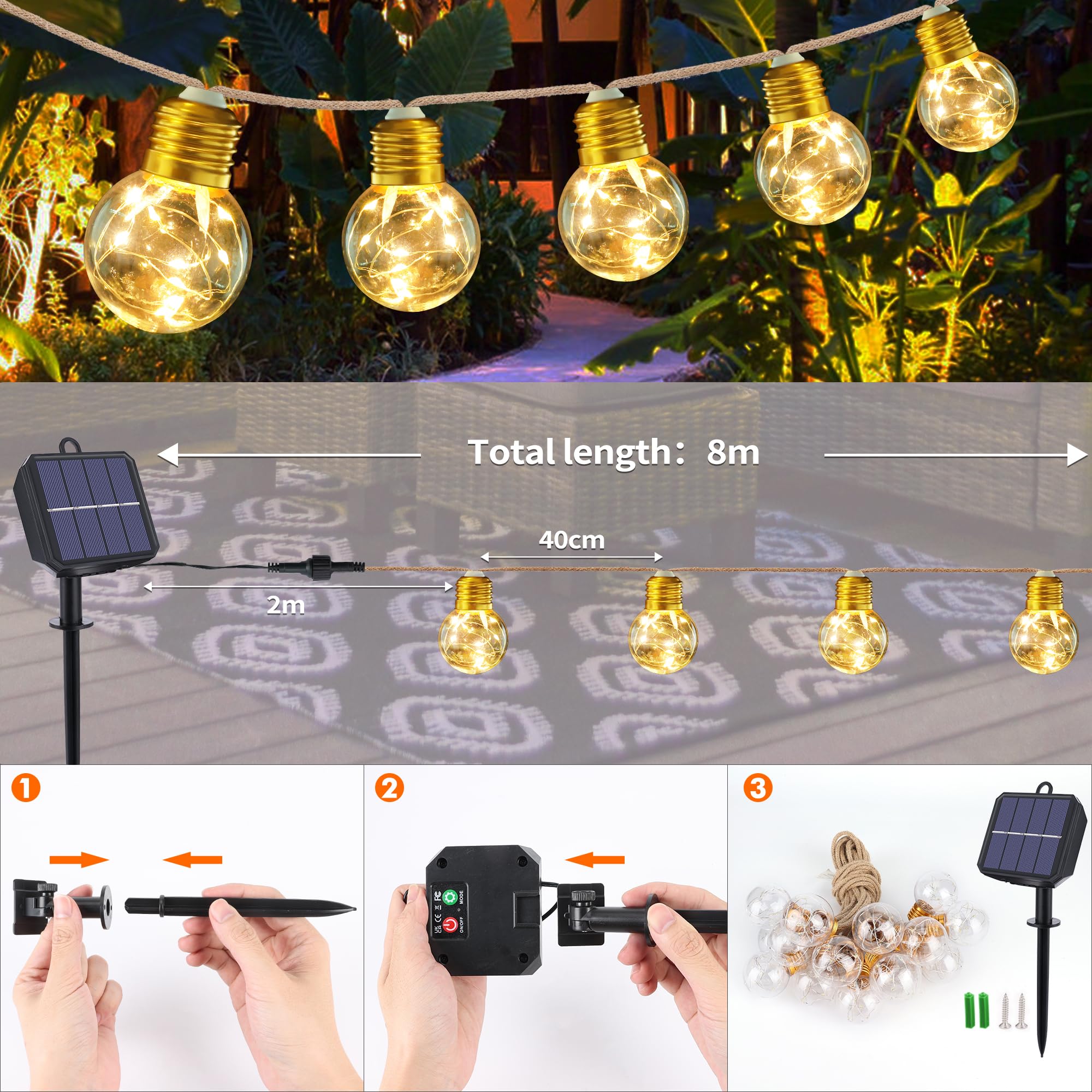 Ishabao Solar String Lights Outdoor, 20Ft Solar Patio Lights, Vintage Rope Hemp Solar Powered Globe Lights Waterproof With 8 Modes 16 Shatterproof Bulbs For Garden Fence Balcony Cafe Bistro Party-Warm White