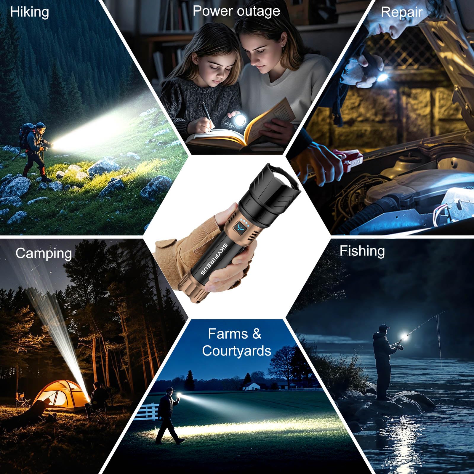 Skyfire Led Flashlight High Lumens,Super Bright Rechargeable Flashlight 8000Mah,Zoomable,Four Modes,Waterproof Flash Light For Camping Essentials,Outdoor And Home Emergencies-Gold&Black