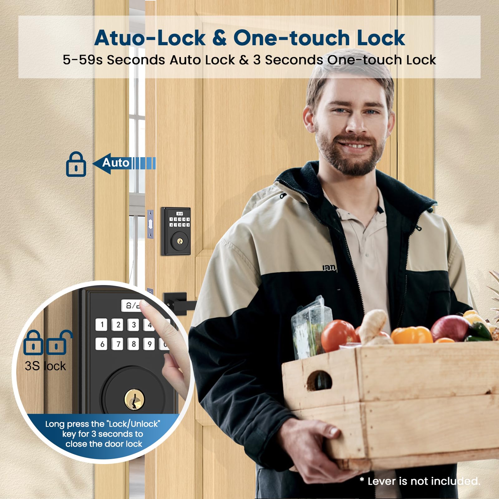 Oocc Keyless Entry Smart Keypad Door Lock - Deadbolt With 2 Keys, Auto Lock, Easy Installation, Matte Black